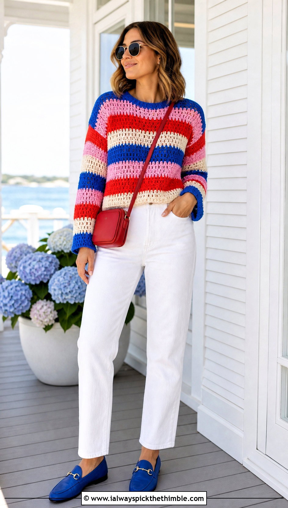 Striped Crochet Long Sleeve Top With White Jeans - 25 crochet long sleeve tops outfit ideas
