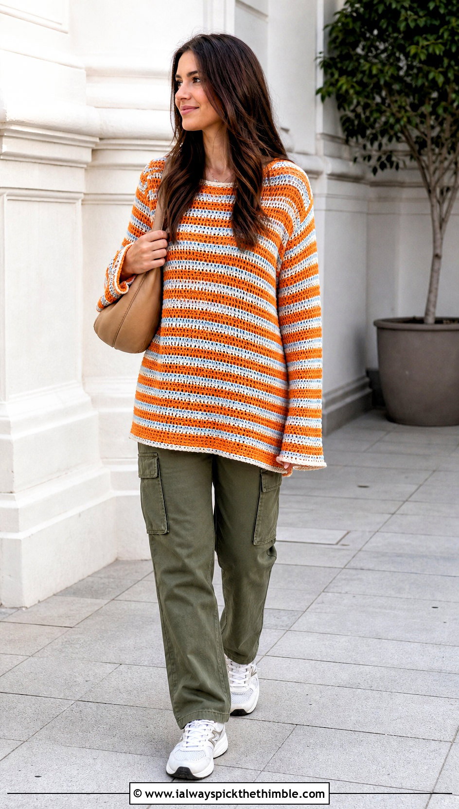 Striped Crochet Long Sleeve Tunic With Cargo Pants - 15 Crochet Long Sleeve Tunic outfit ideas