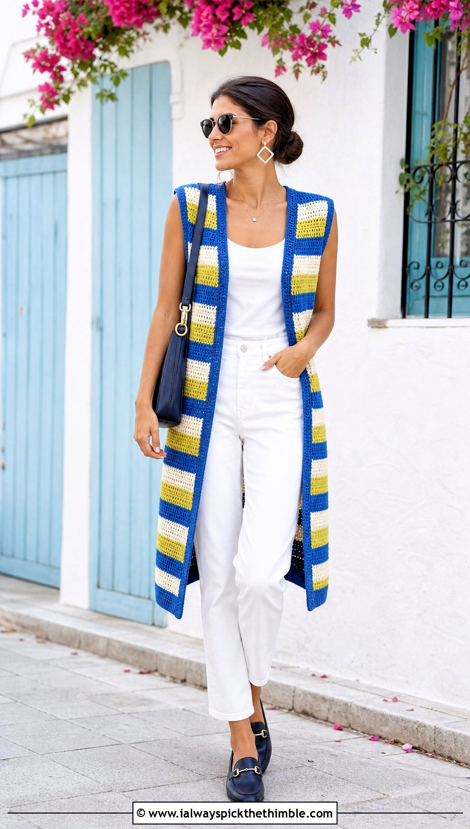 Striped Crochet Long Vest With White Denim - 25 Crochet Long Vest outfit ideas