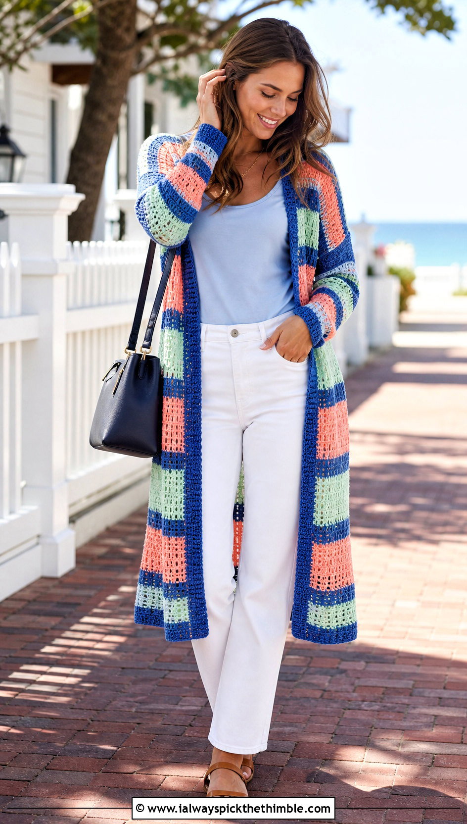 Striped Crochet Longline Cardigan With White Jeans - 20 Crochet Longline Cardigan outfit ideas