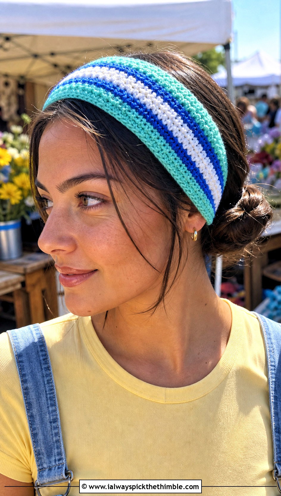 Striped Crochet Makeup Headband With Denim Overalls - 20 Crochet Makeup Headband outfit ideas