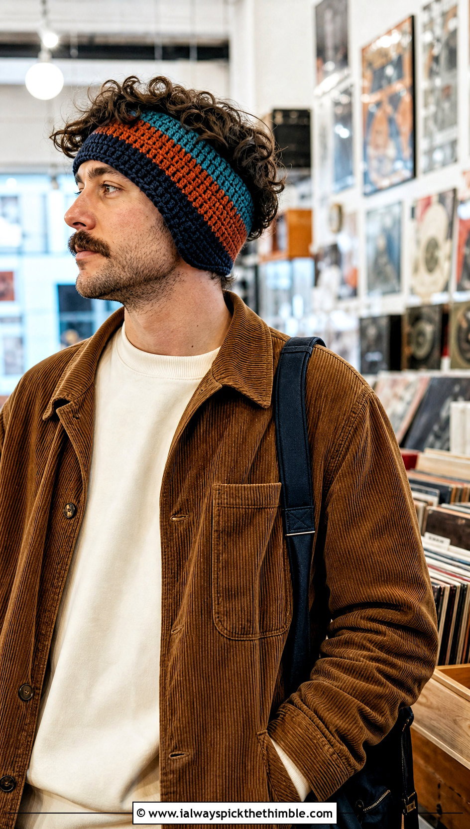 Striped Crochet Mens Ear Warmer With Corduroy Jacket - 20 Crochet Mens Ear Warmer outfit ideas