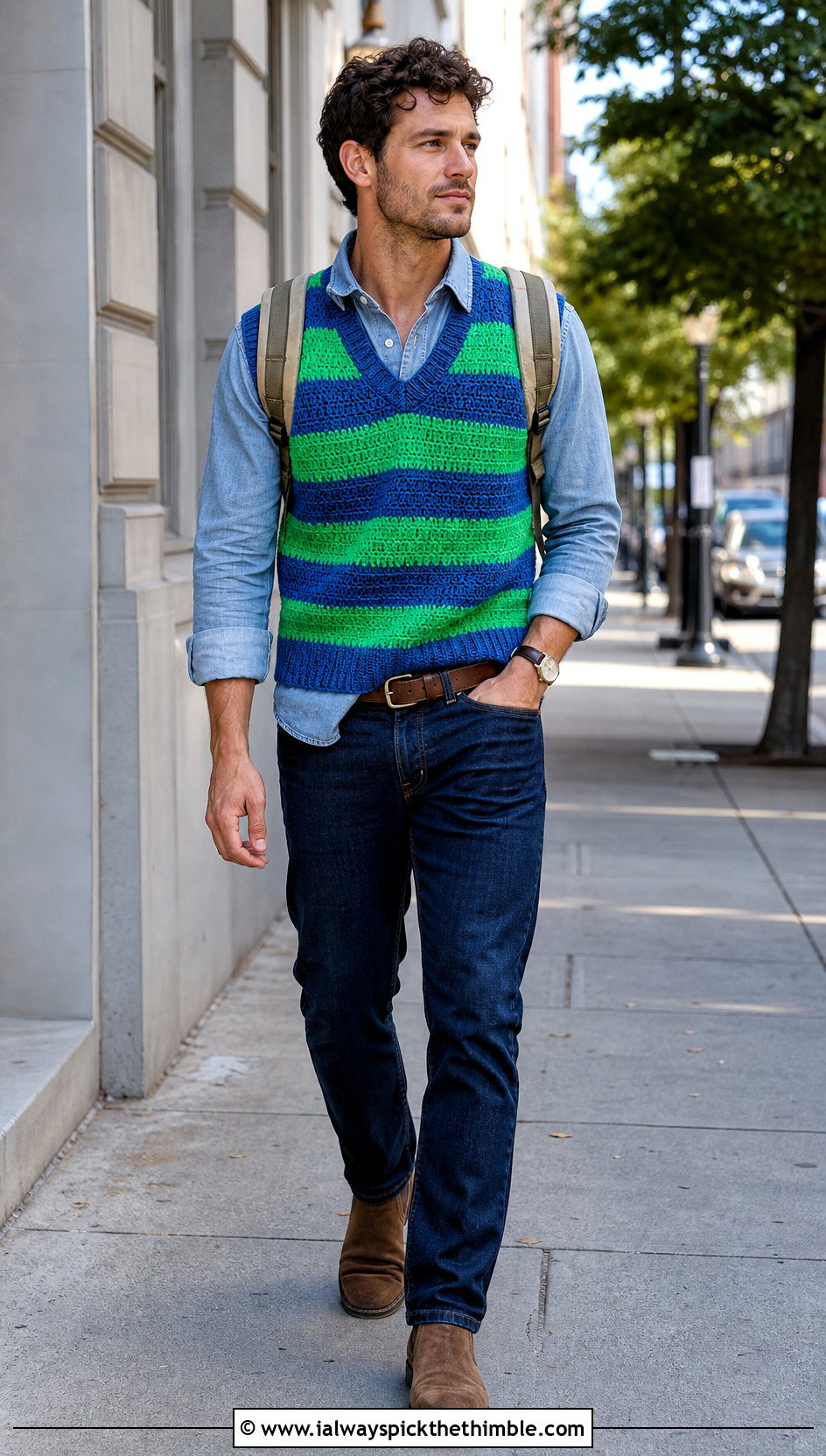 Striped Crochet Mens Sweater Vest With Double Denim - 20 Mens Crochet Sweater Vest outfit ideas