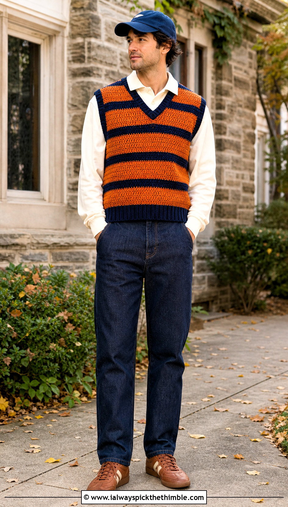 Striped Crochet Mens Sweater Vest With Rugby Shirt And Straight Jeans - 20 crochet mens sweater vest outfit ideas