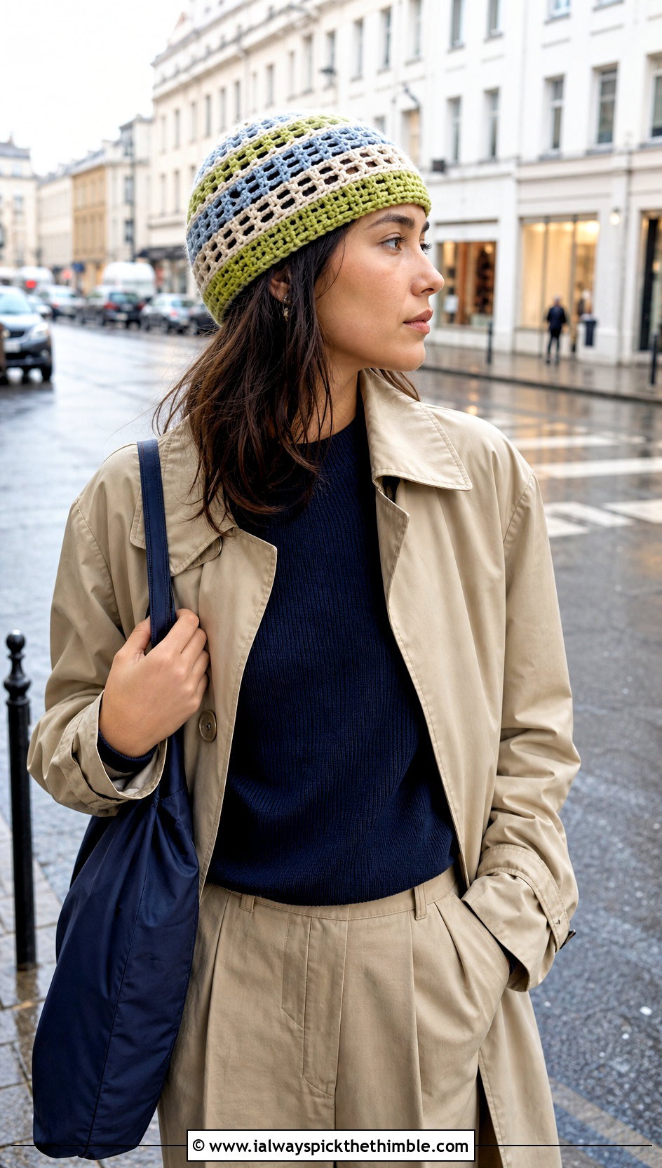 Striped Crochet Mesh Beanie With Trench Coat - 20 crochet net hat outfit ideas