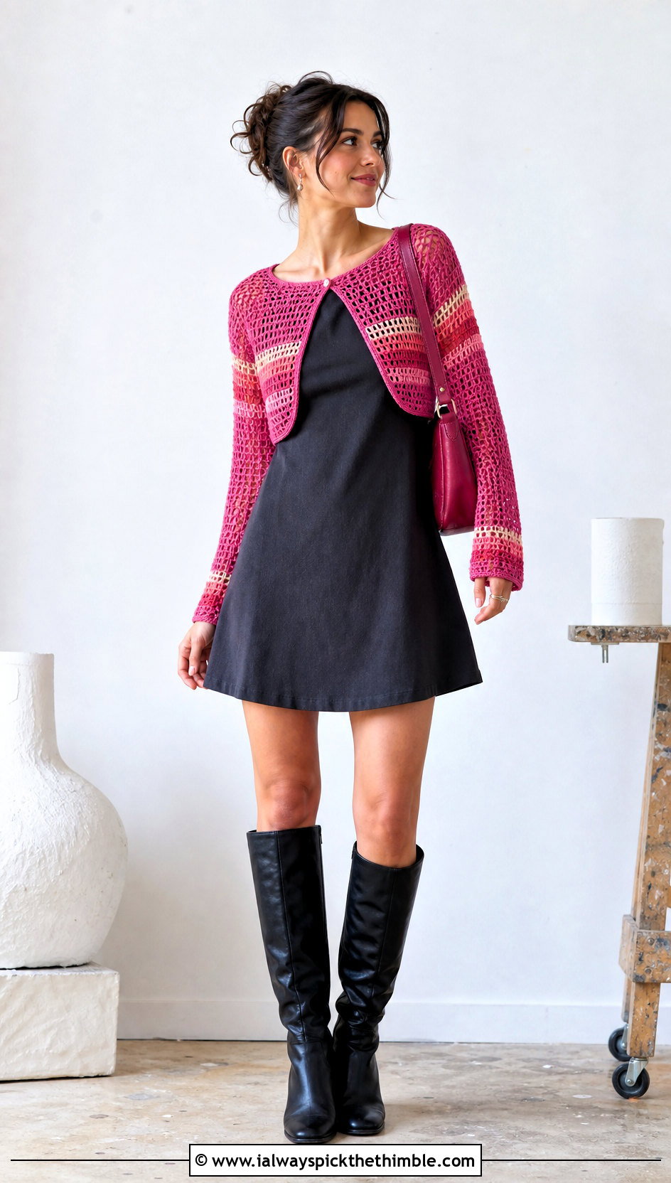 Striped Crochet Mesh Bolero With Mini Dress - 20 Crochet Mesh Bolero outfit ideas