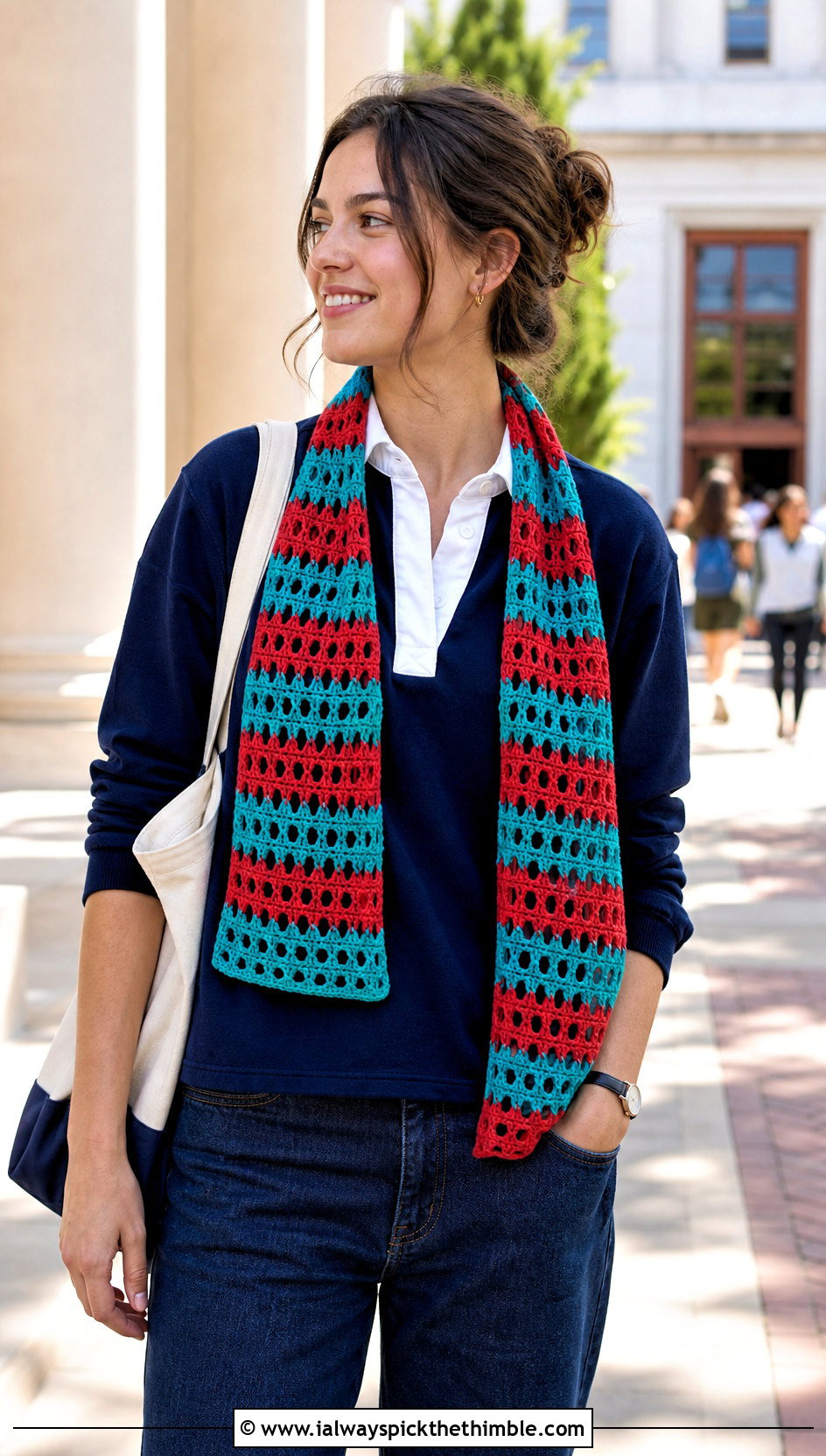 Striped Crochet Mesh Scarf With Rugby Shirt And Jeans - 20 Crochet Mesh Scarf outfit ideas