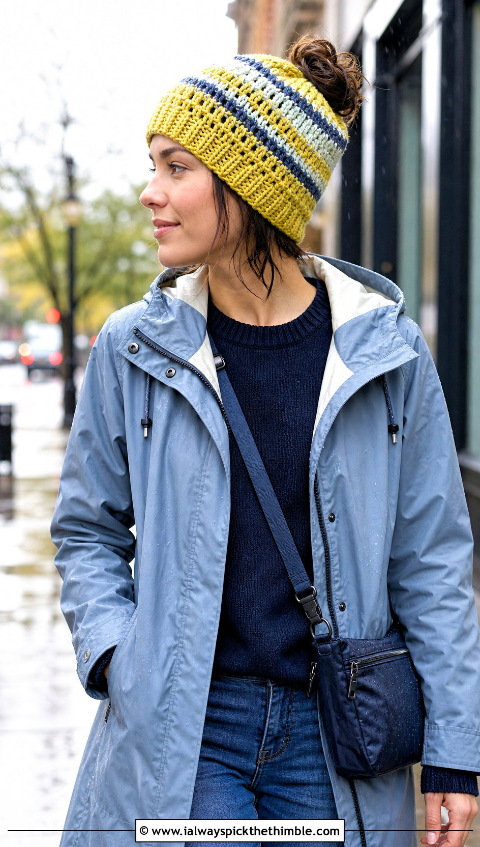 Striped Crochet Messy Bun Hat With Elastic And Raincoat - 20 Crochet Messy Bun Hat With Elastic outfit ideas
