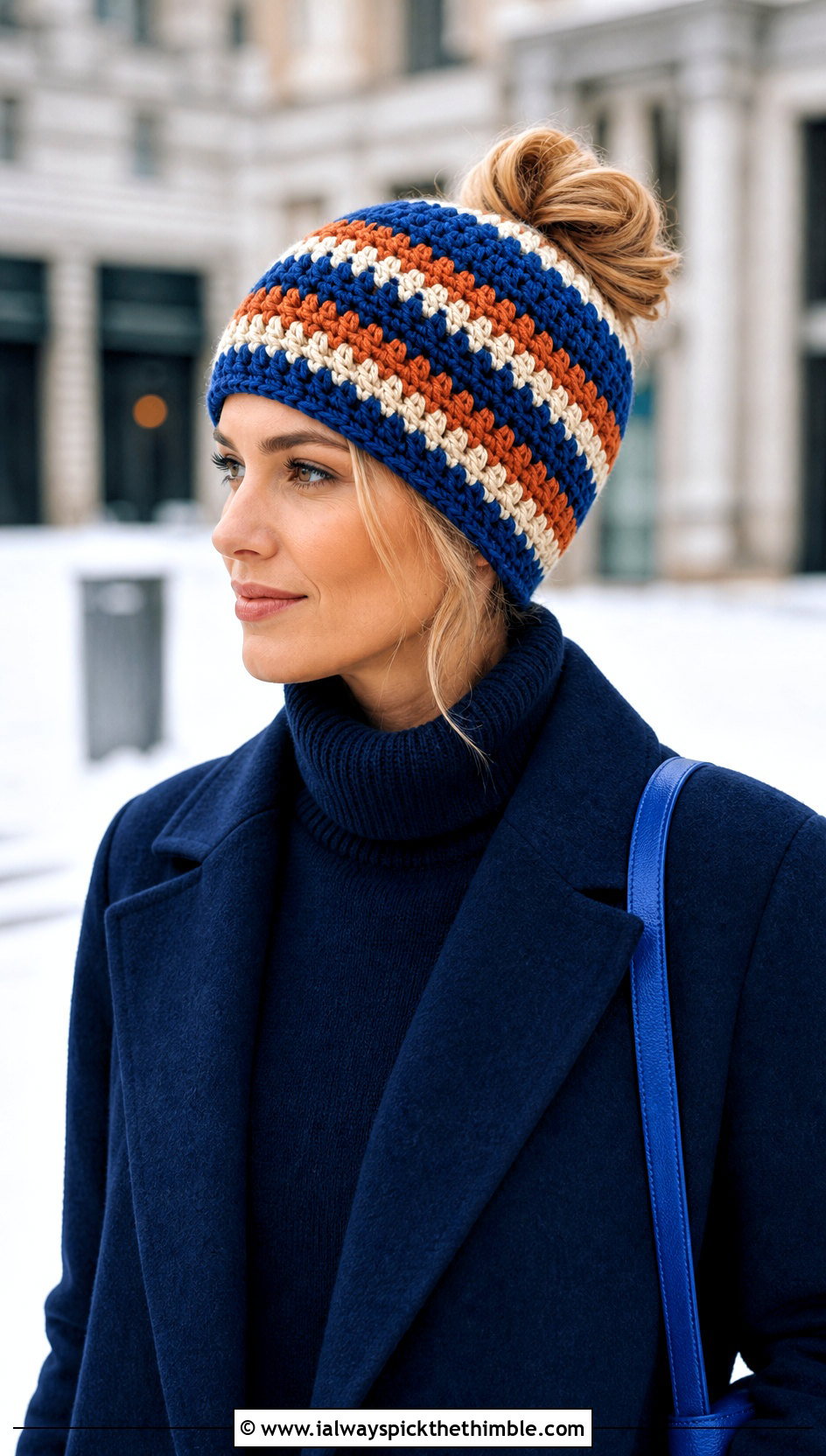 Striped Crochet Messy Bun Hat With Monochrome Outfit - 15 Easy Crochet Messy Bun Hat outfit ideas