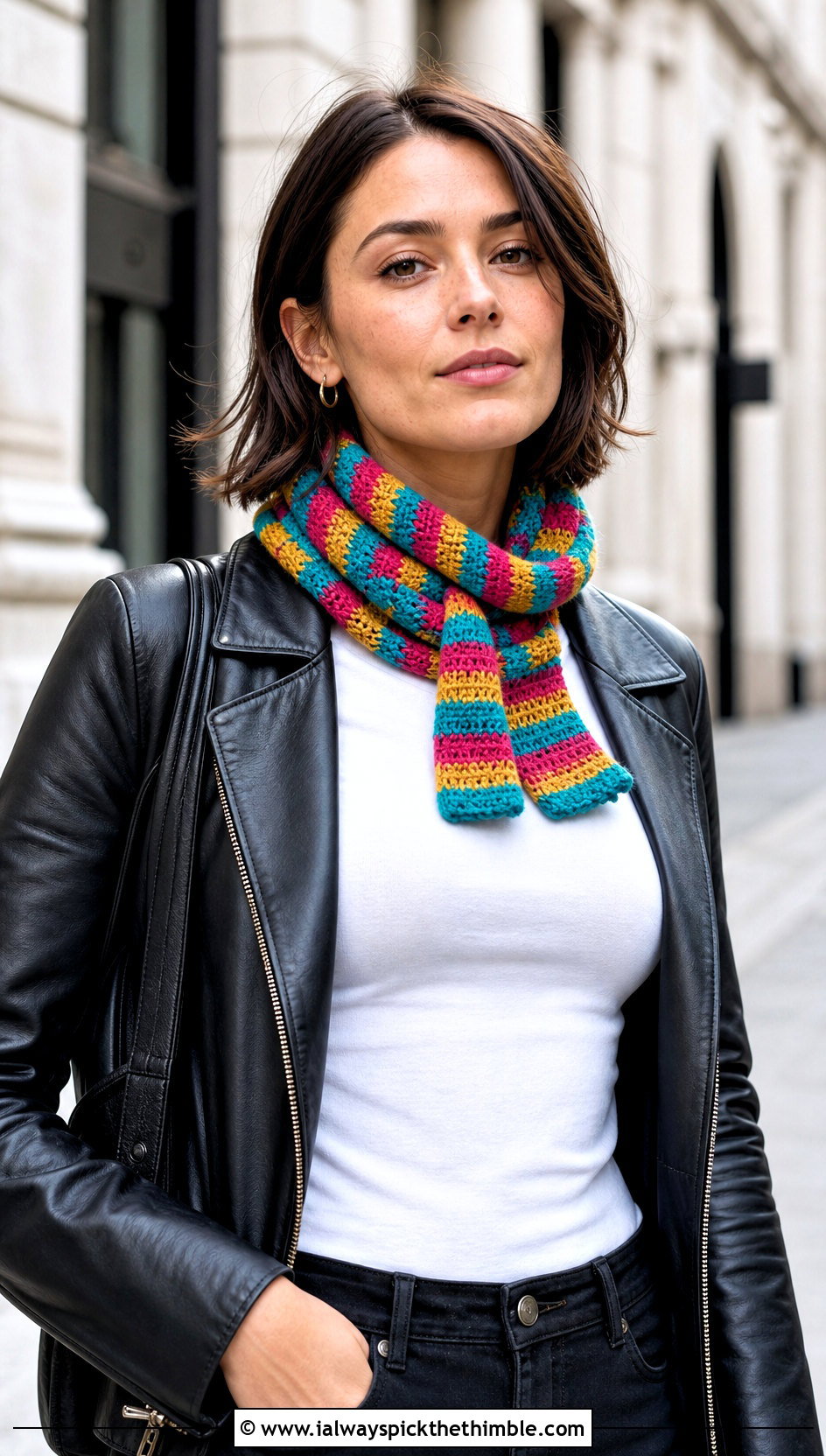 Striped Crochet Mini Scarf With Leather Jacket And Black Jeans - 25 crochet mini scarf outfit ideas