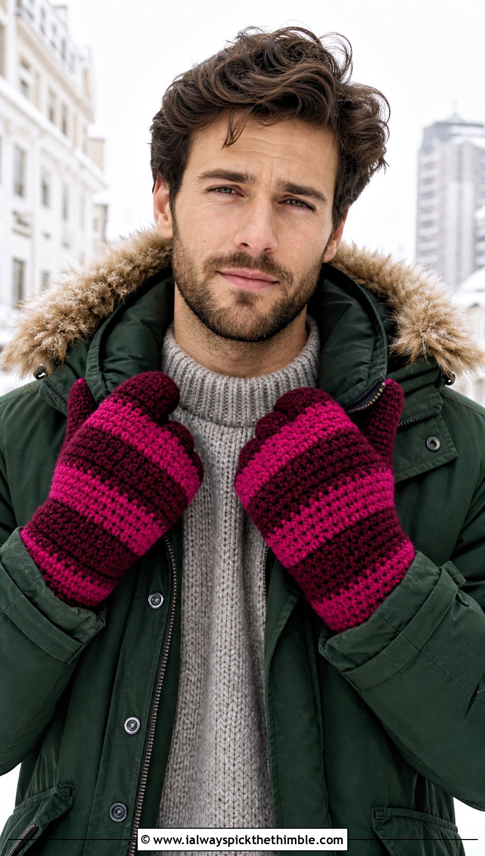 Striped Crochet Mittens With Parka - 20 Crochet Mens Gloves outfit ideas