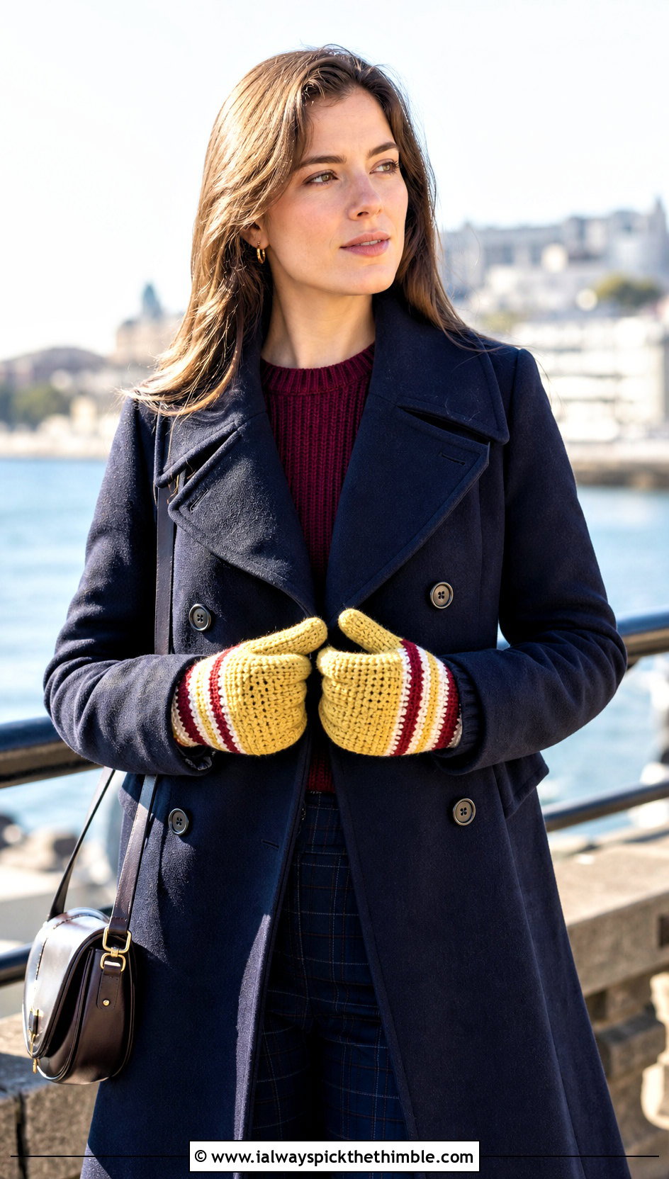 Striped Crochet Mittens With Peacoat - 25 easy crochet mittens outfit ideas