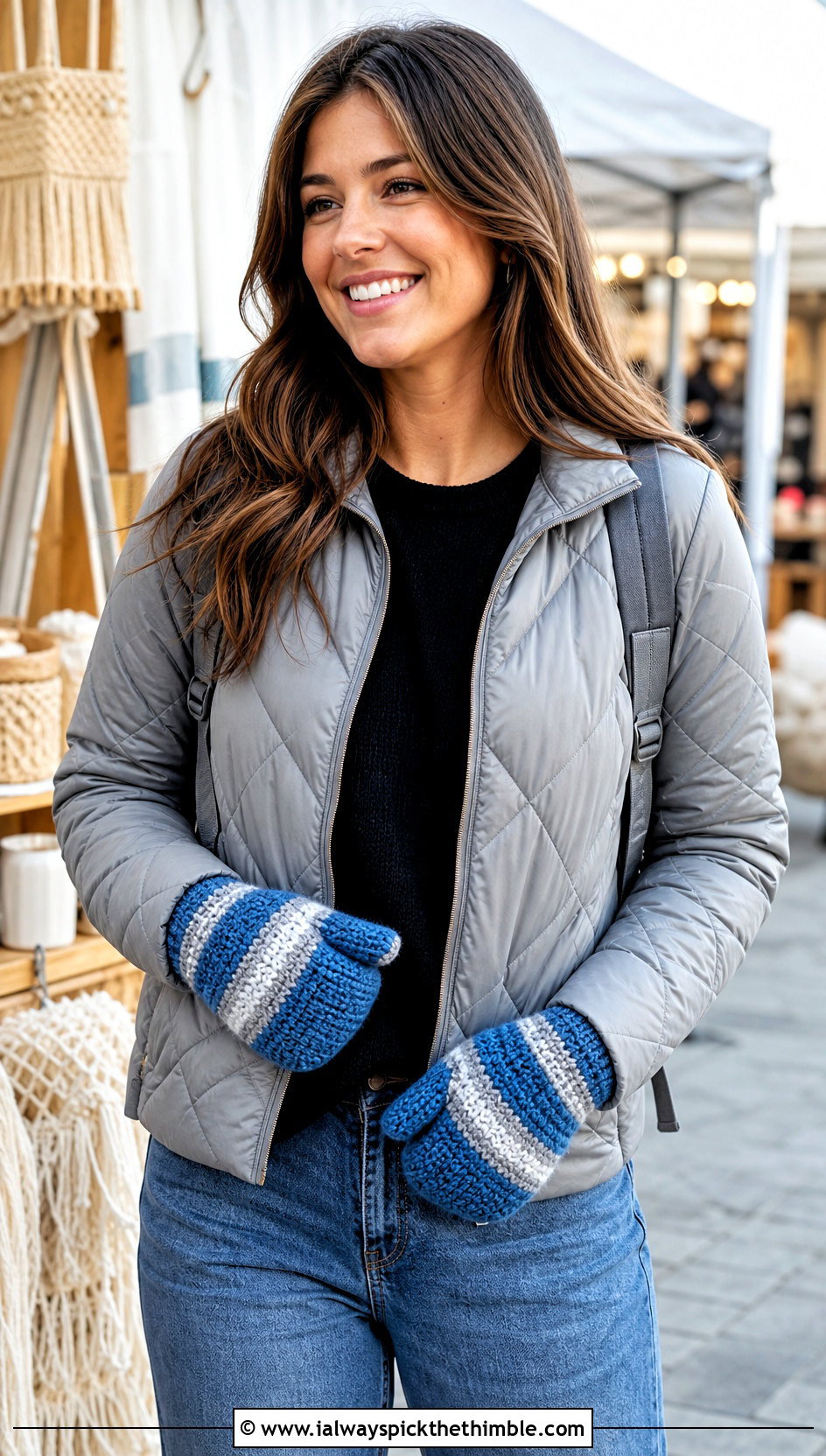 Striped Crochet Mittens With Quilted Jacket - 20 cute crochet mittens outfit ideas