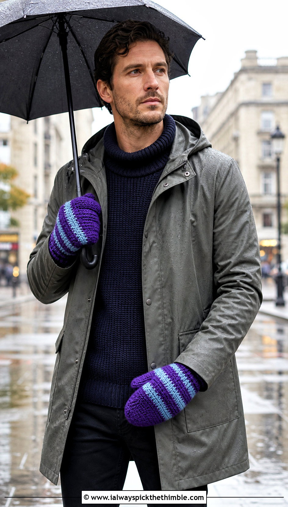 Striped Crochet Mittens With Raincoat - 20 crochet mittens for men outfit ideas
