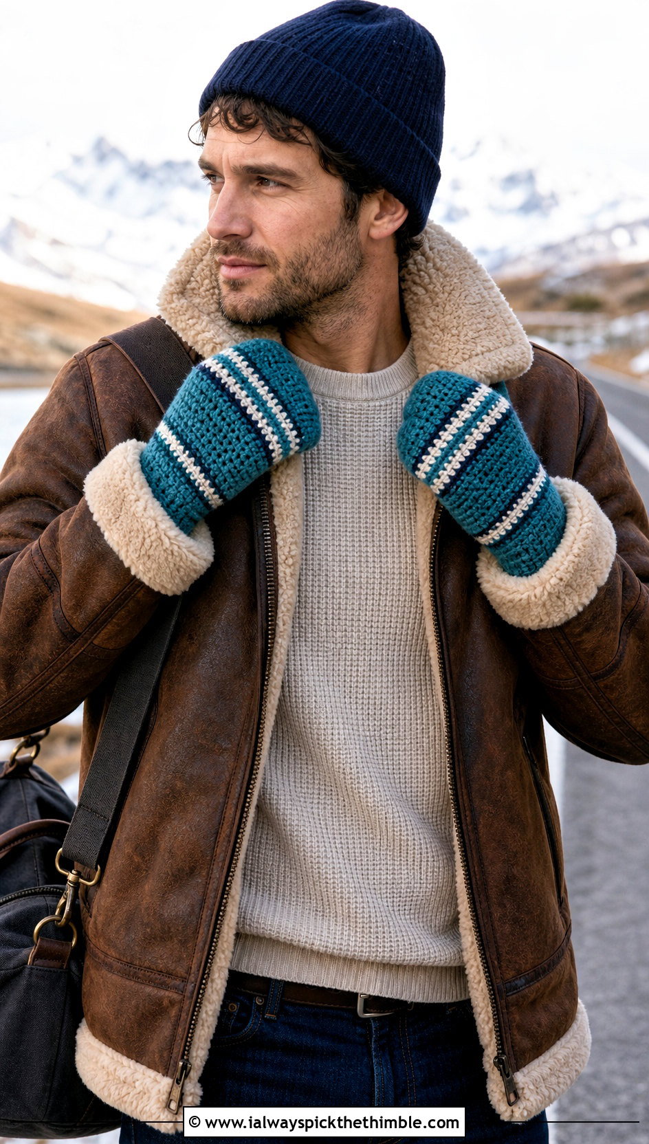 Striped Crochet Mittens With Shearling Jacket - 20 Mens Crochet Mittens outfit ideas