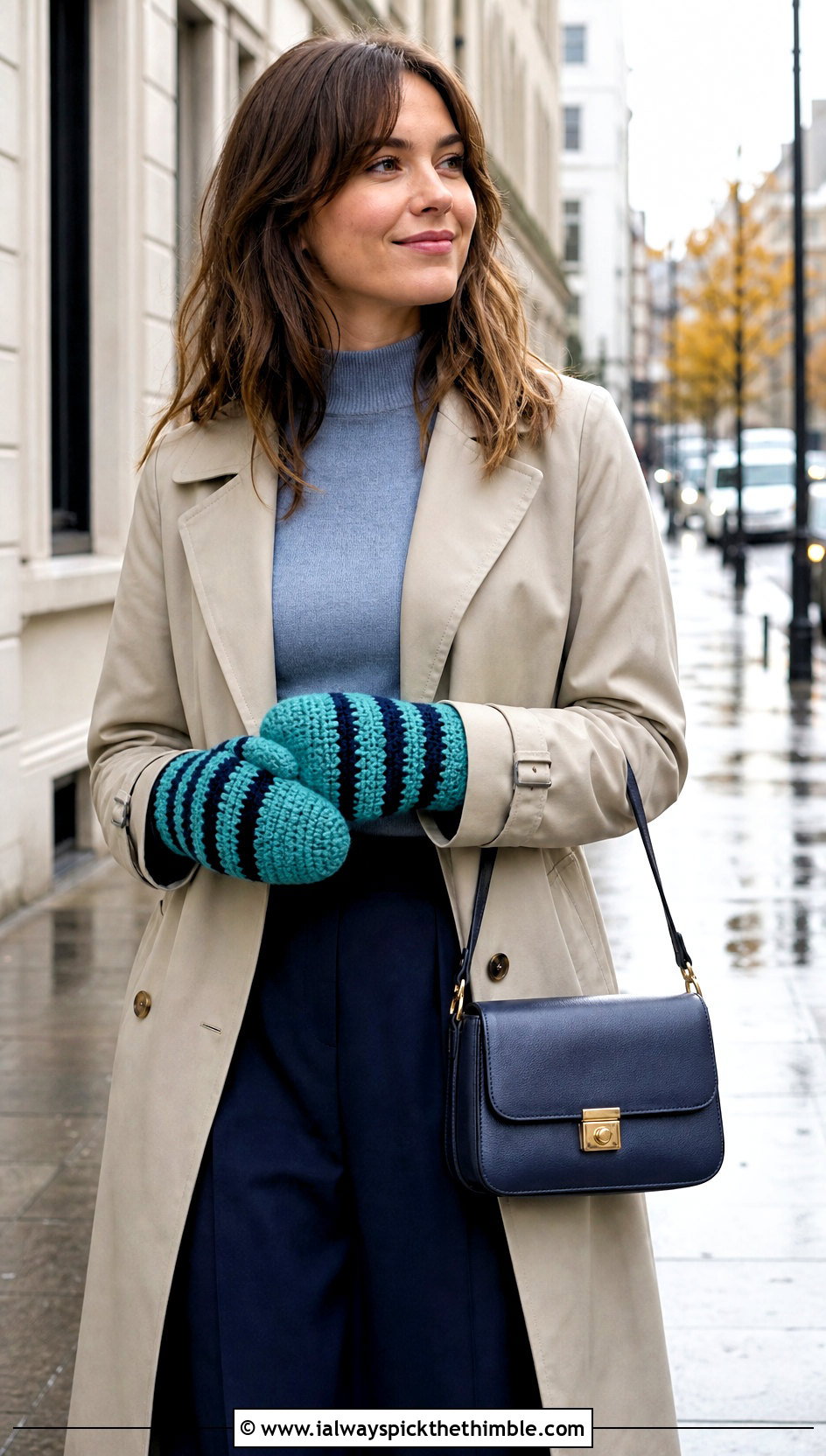 Striped Crochet Mittens With Trench Coat - 20 Simple Crochet Mittens outfit ideas