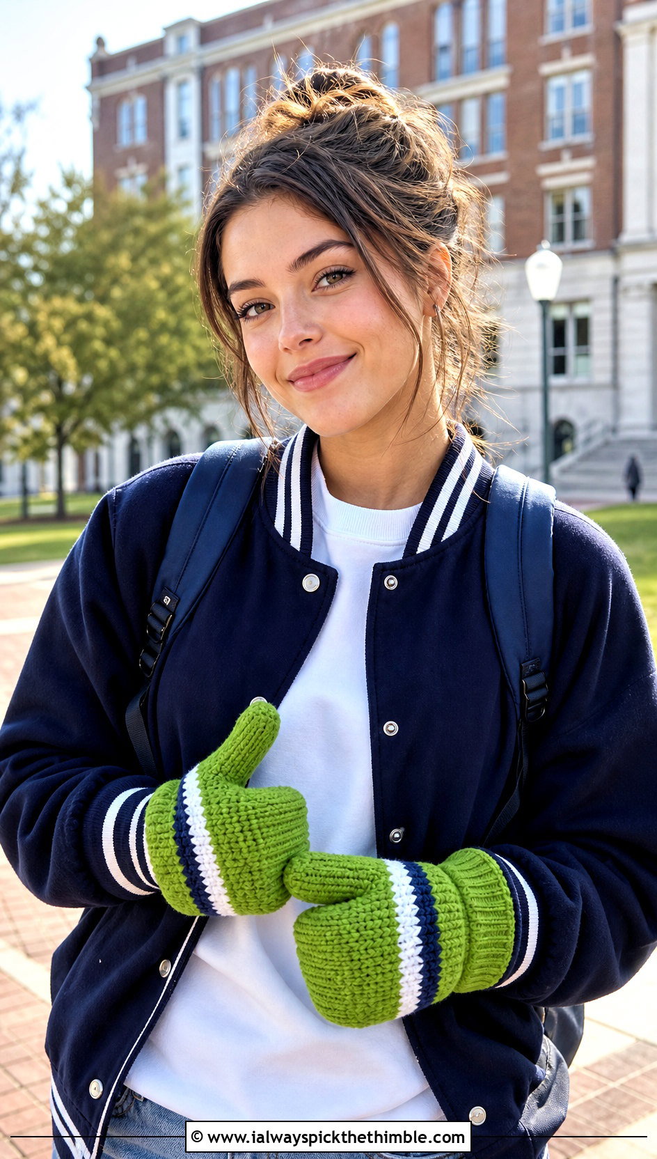 Striped Crochet Mittens With Varsity Jacket - 15 Crochet Mittens With Fleece Lining outfit ideas
