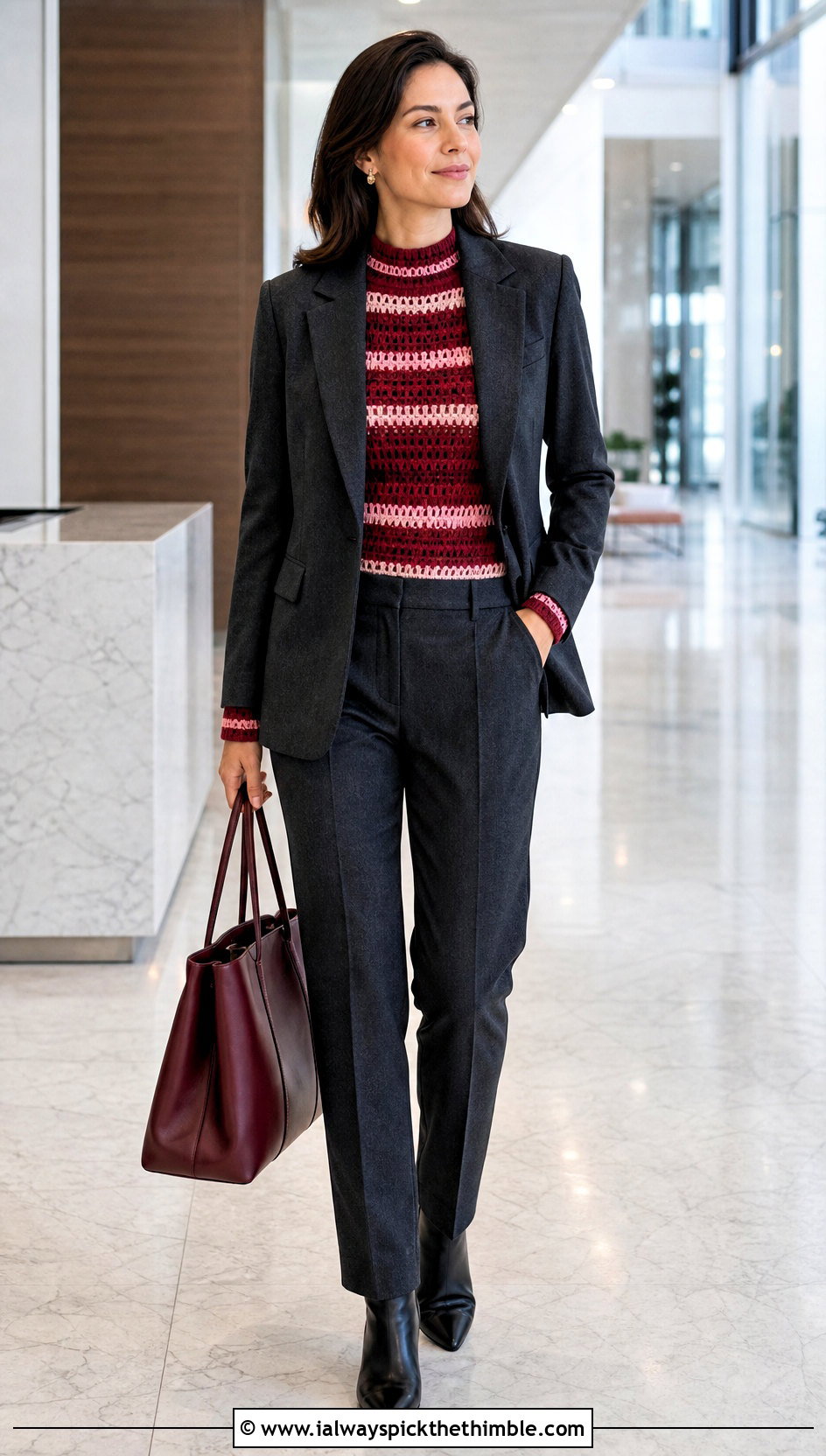 Striped Crochet Mock Neck Top With Blazer And Trousers - 25 crochet striped top outfit ideas