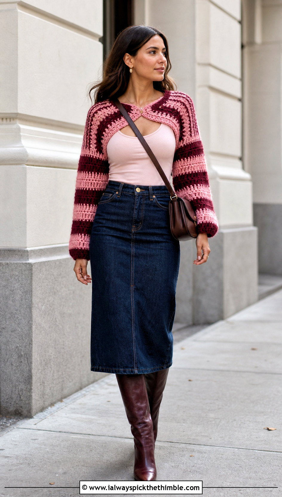 Striped Crochet Mohair Bolero With Denim Midi Skirt - 20 crochet mohair bolero outfit ideas