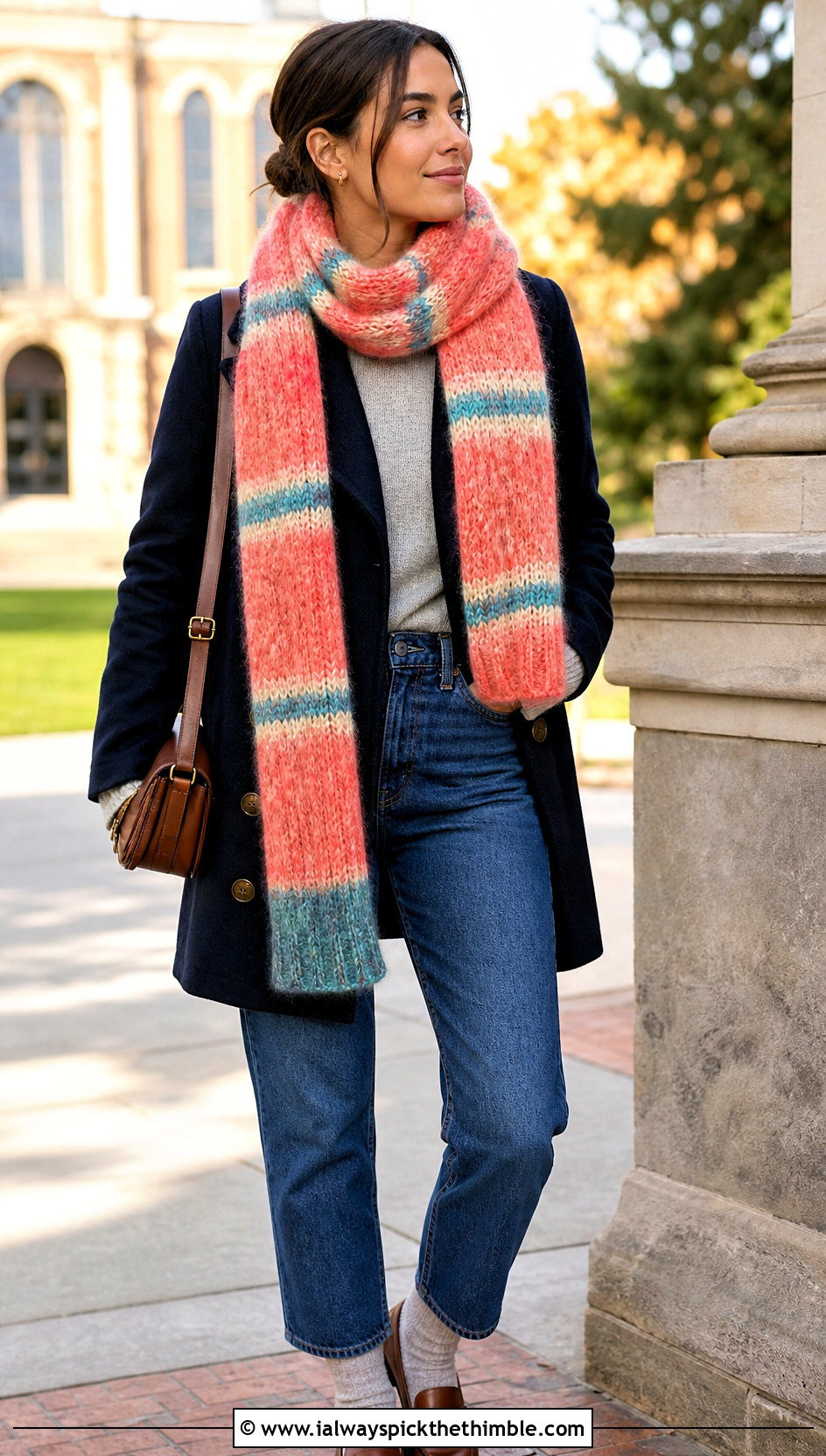 Striped Crochet Mohair Scarf With Peacoat - 20 crochet mohair scarf outfit ideas