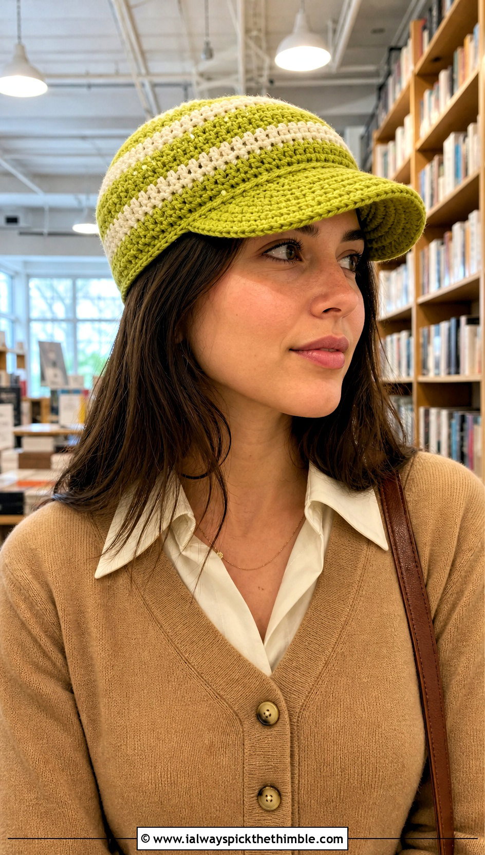 Striped Crochet Newsboy Cap With Cardigan And Pleated Pants - 20 striped crochet hat outfit ideas