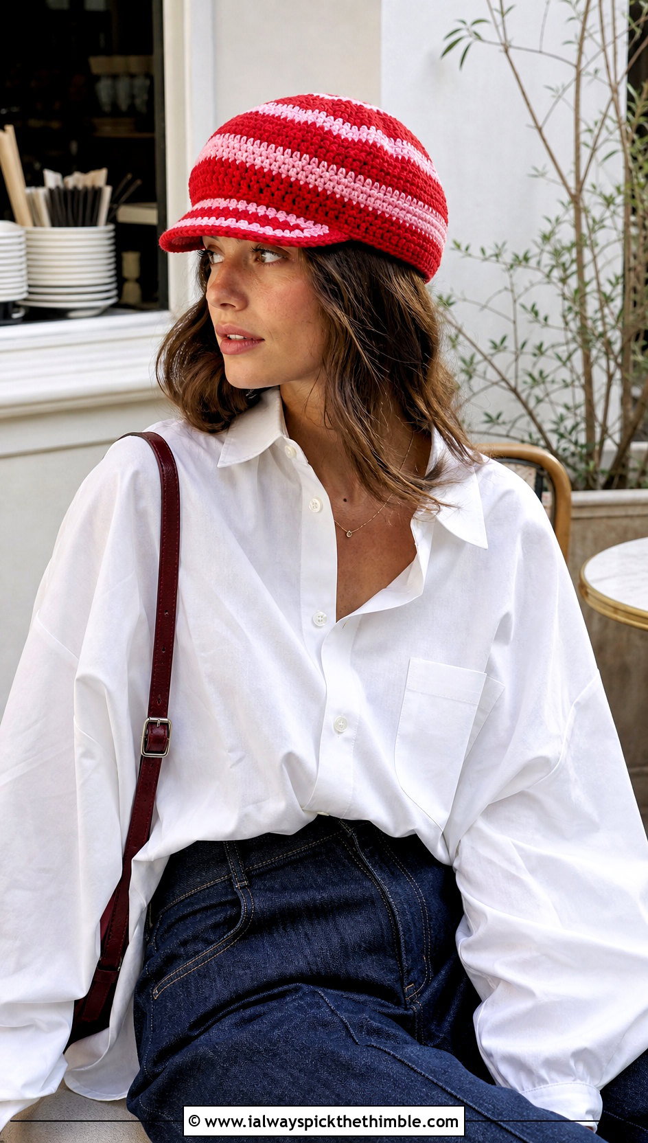 Striped Crochet Newsboy Hat With White Shirt And Wide Leg Jeans - 20 newsboy crochet hat outfit ideas