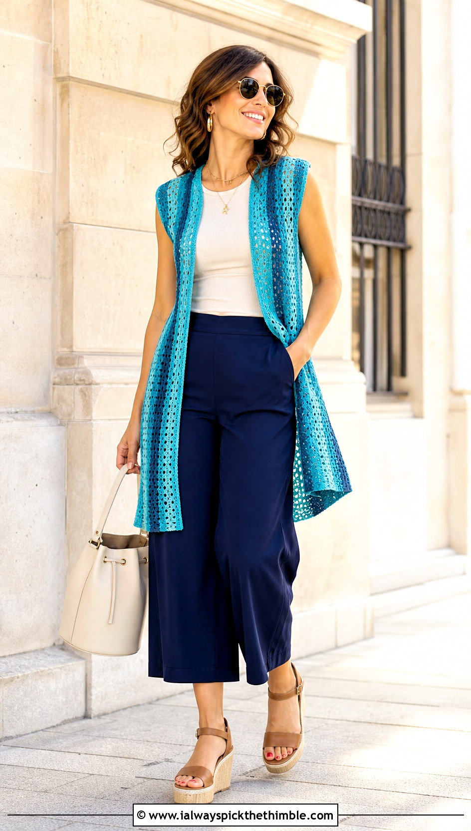 Striped Crochet Open Front Vest With Culottes - 20 crochet open front vest outfit ideas