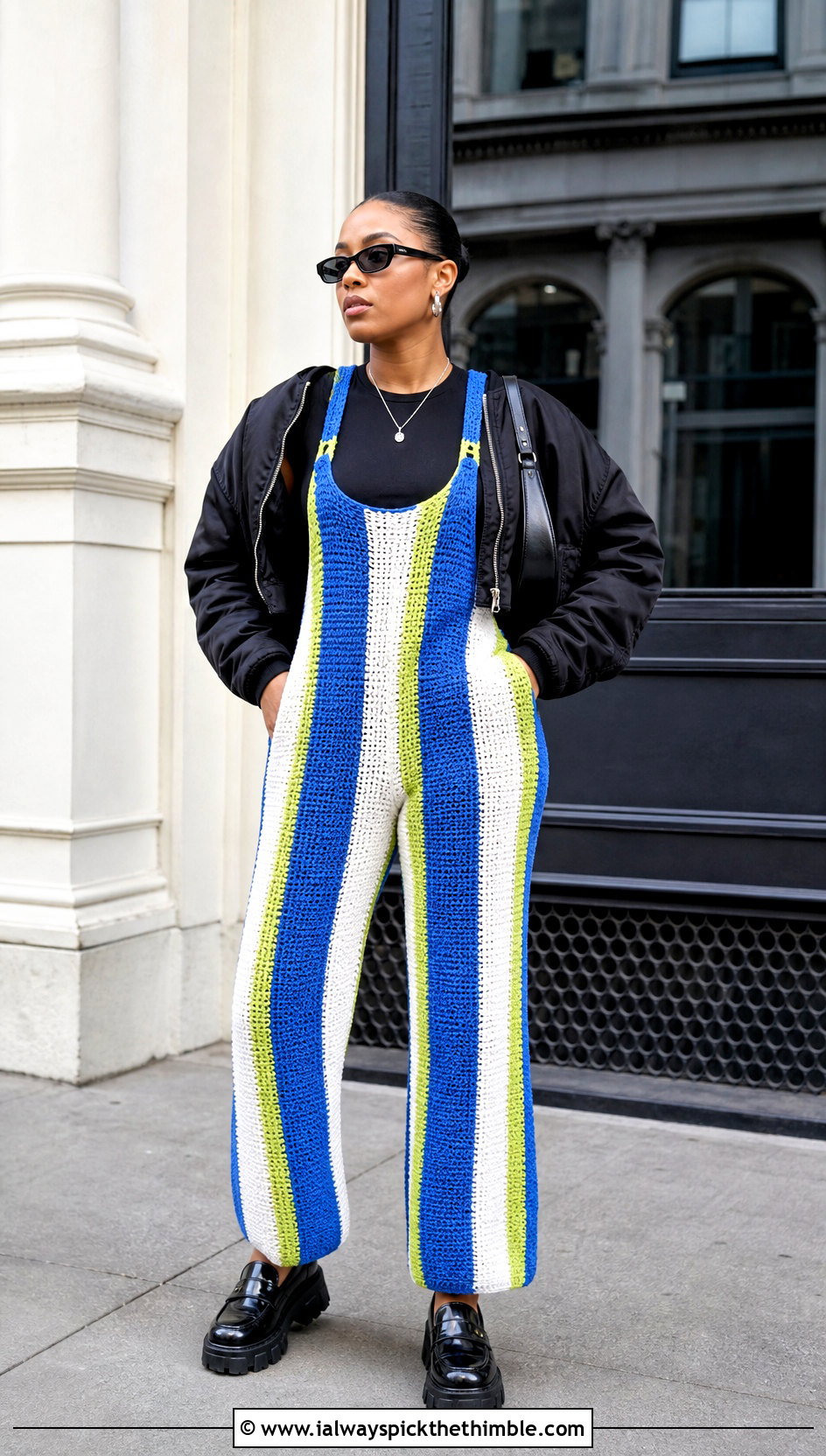 Striped Crochet Overalls With Black Bodysuit - 25 crochet overalls outfit ideas