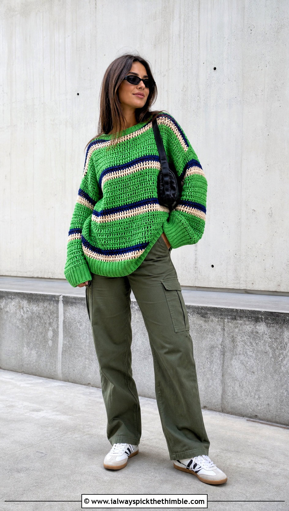 Striped Crochet Oversize Sweater With Cargo Pants - 20 Crochet Oversize Sweater outfit ideas
