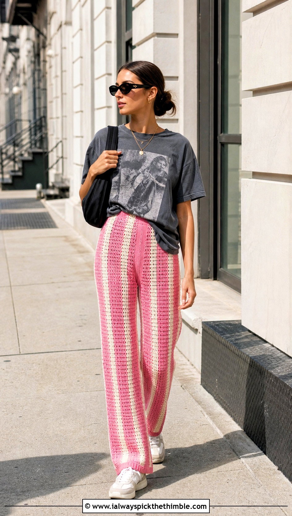 Striped Crochet Pants With Graphic T Shirt - 25 crochet pants outfit ideas
