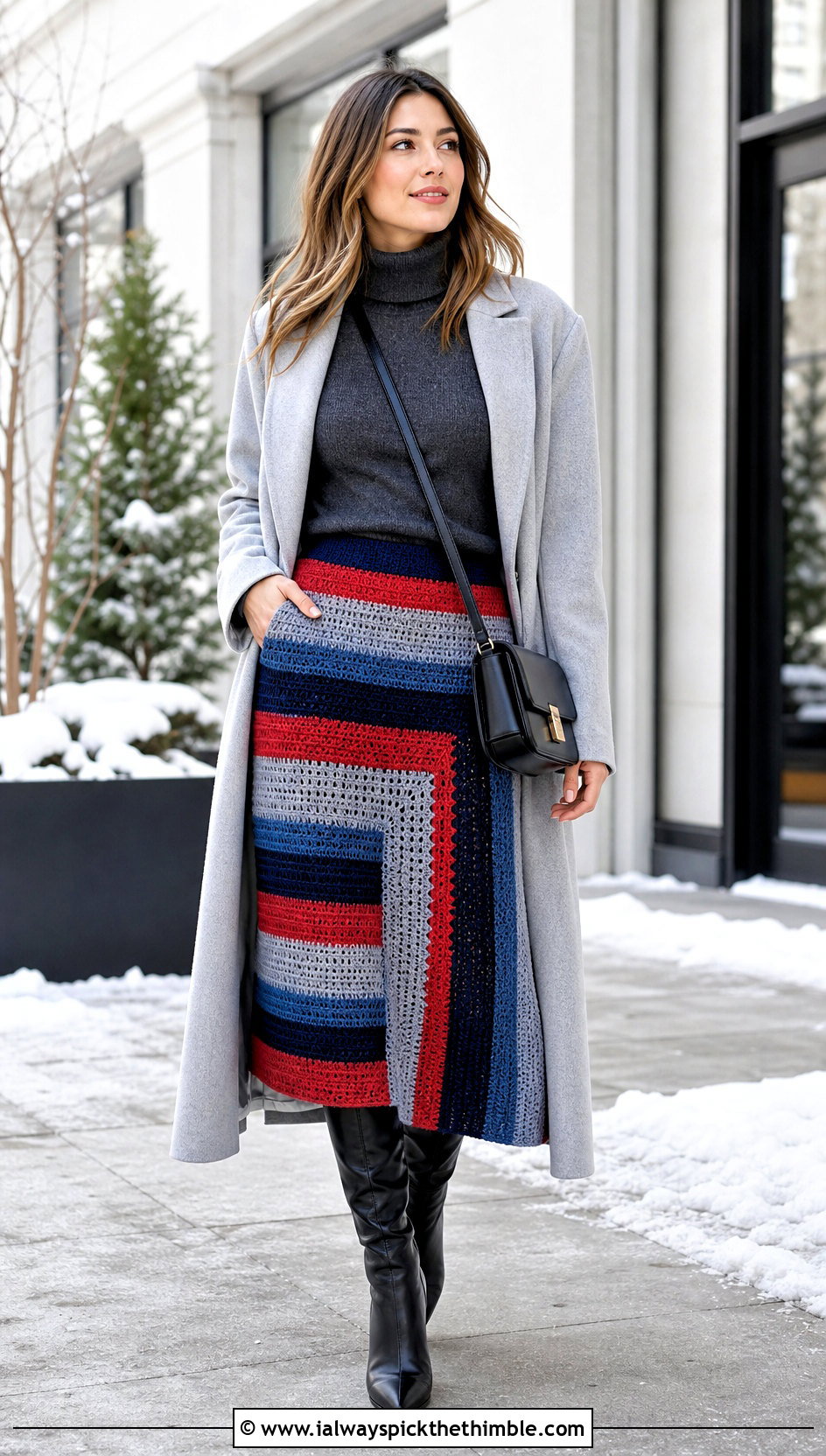 Striped Crochet Patchwork Midi Skirt With Turtleneck - 20 crochet patchwork skirt outfit ideas
