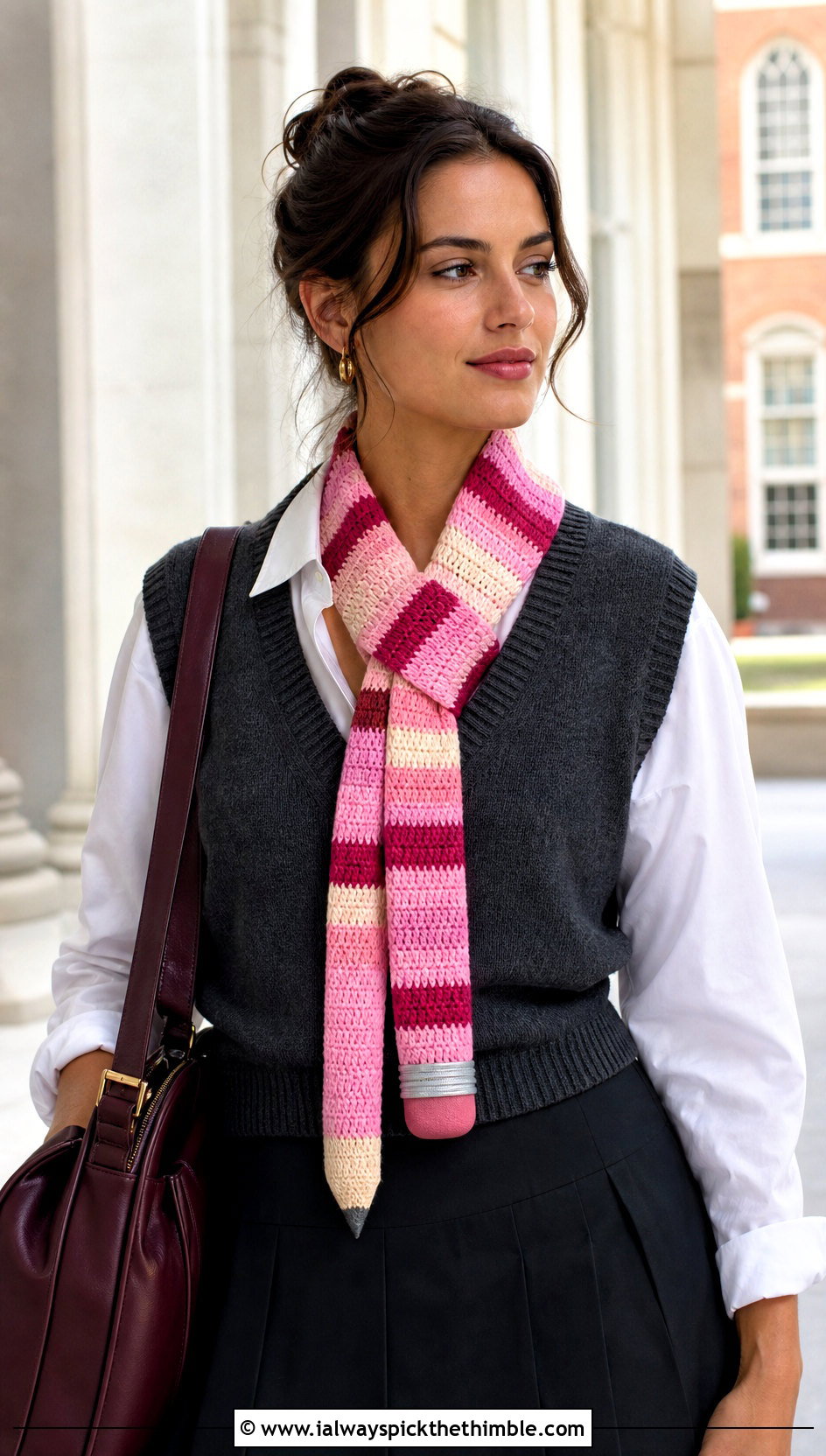 Striped Crochet Pencil Scarf With Sweater Vest - 20 Crochet Pencil Scarf outfit ideas