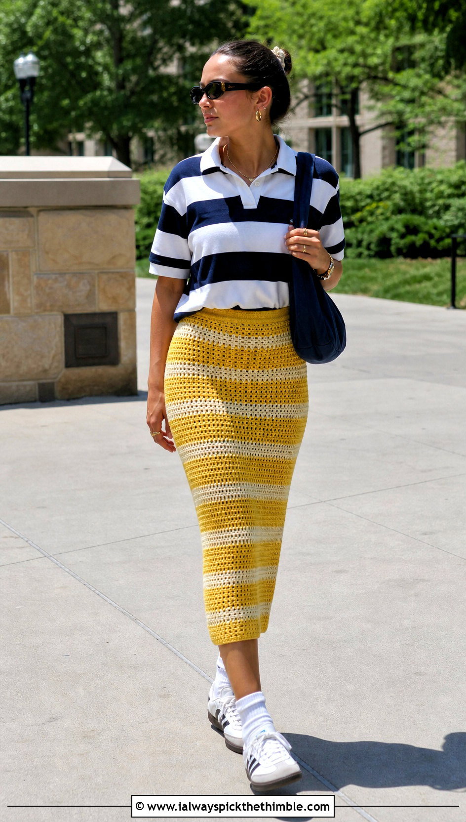 Striped Crochet Pencil Skirt With Rugby Polo - 20 Crochet Pencil Skirt outfit ideas