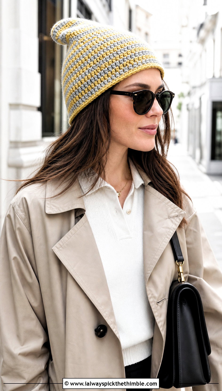 Striped Crochet Phrygian Cap With Trench Coat And Loafers - 15 crochet phrygian cap outfit ideas