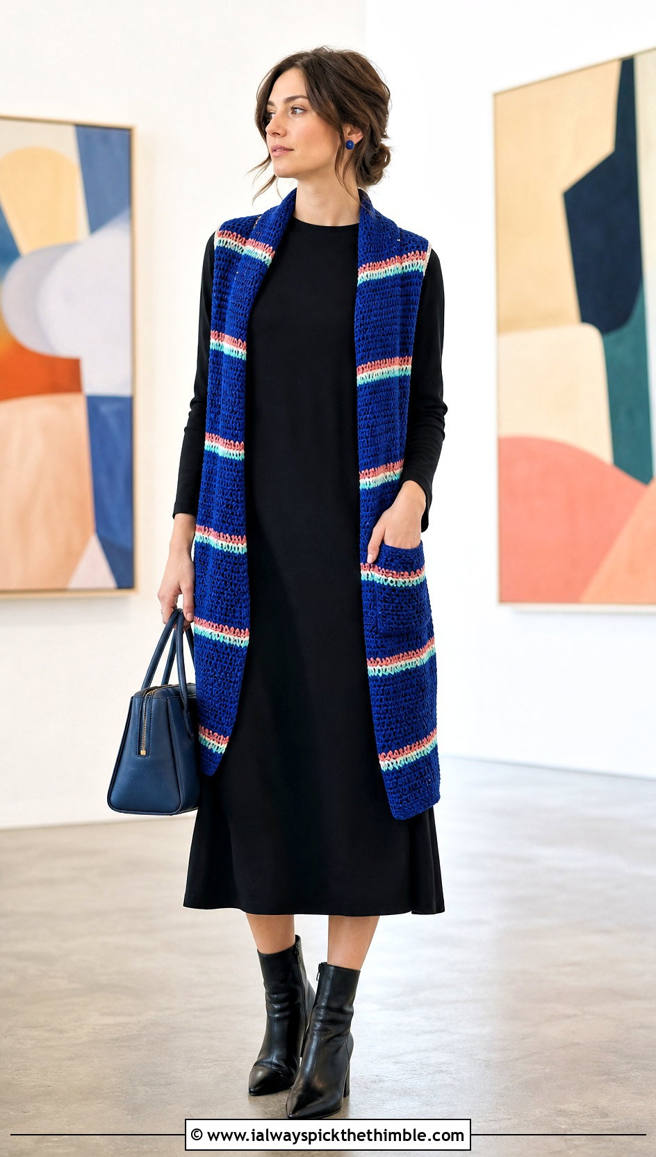 Striped Crochet Pocket Shawl With Black Midi Dress - 25 crochet pocket shawl outfit ideas