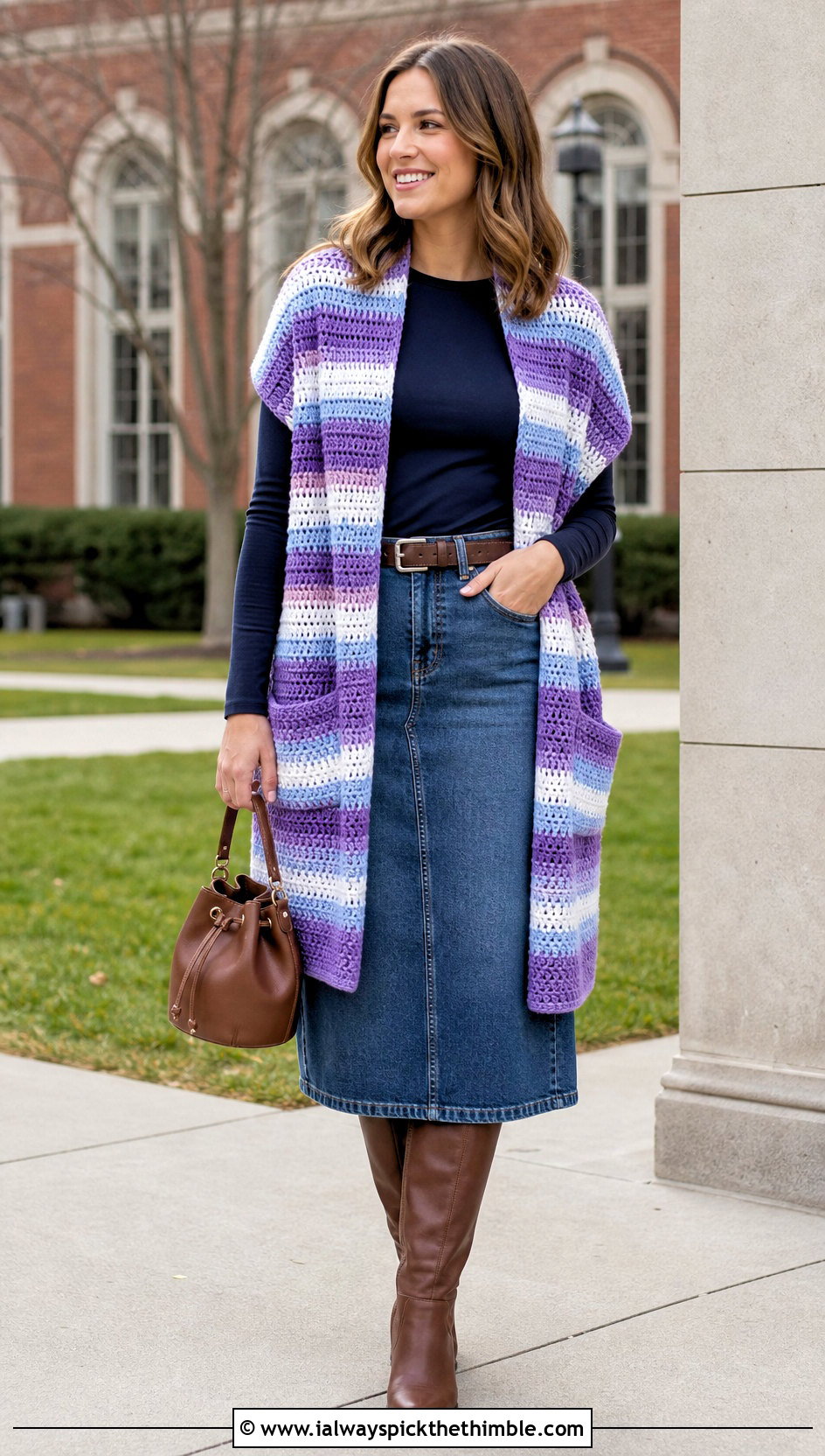 Striped Crochet Pocket Shawl With Denim Skirt - 20 Easy Crochet Shawl With Pockets outfit ideas