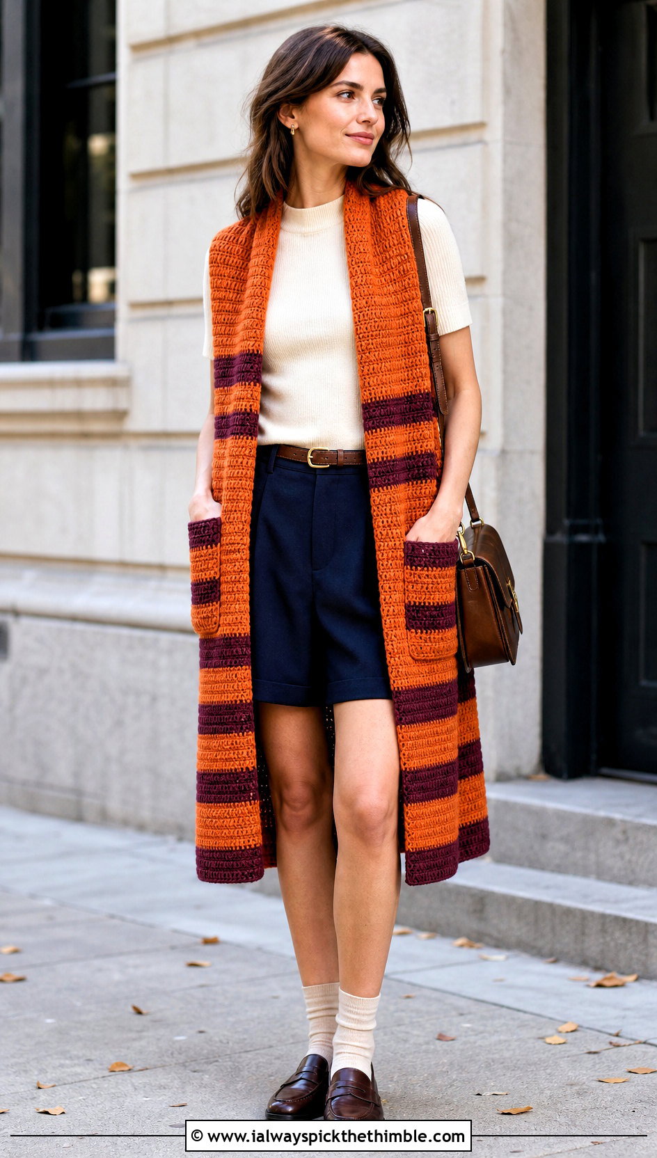 Striped Crochet Pocket Wrap With Tailored Shorts - 20 Crochet Pocket Wrap outfit ideas