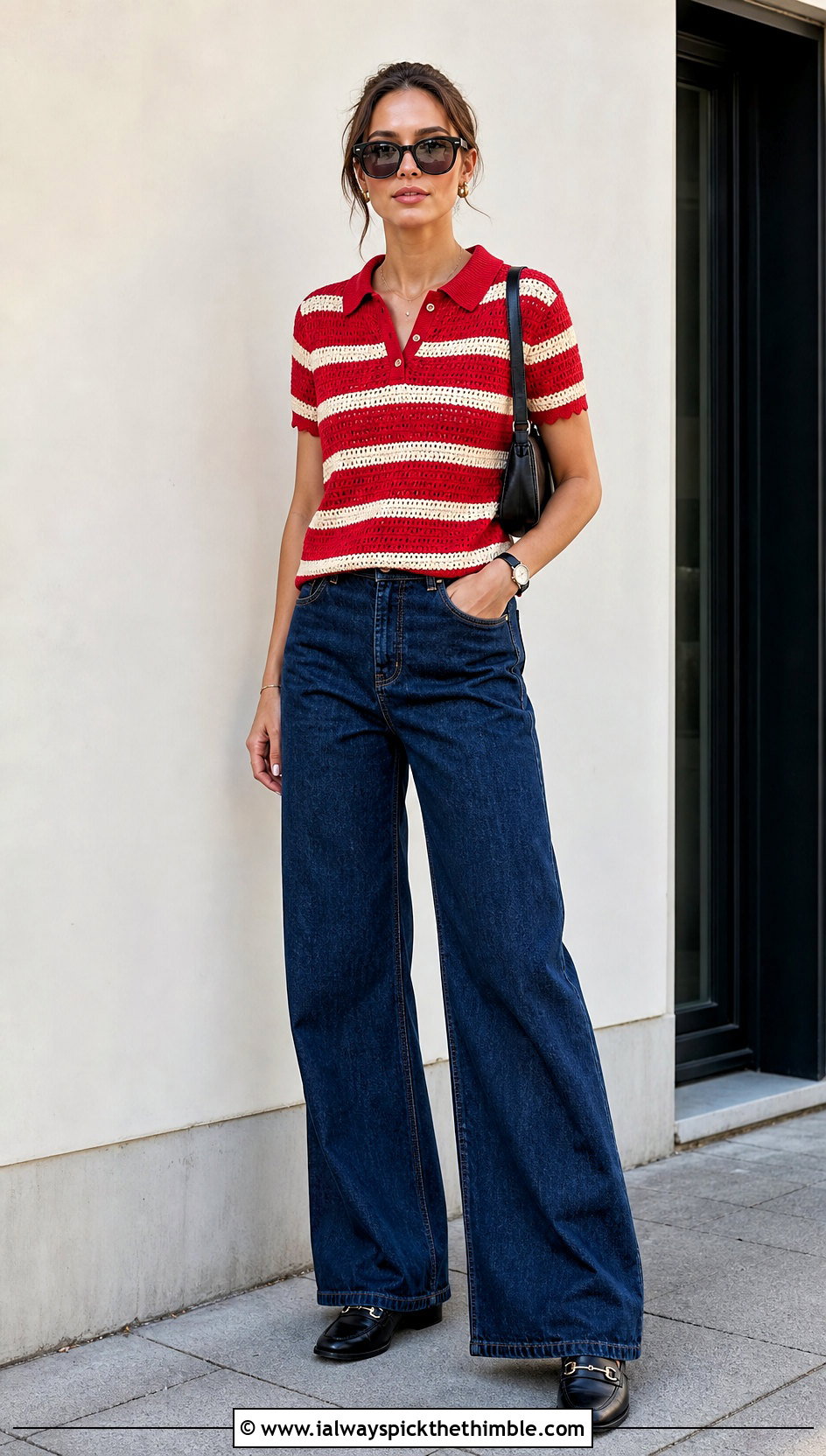 Striped Crochet Polo Shirt With Dark Denim - 25 crochet collared shirt outfit ideas