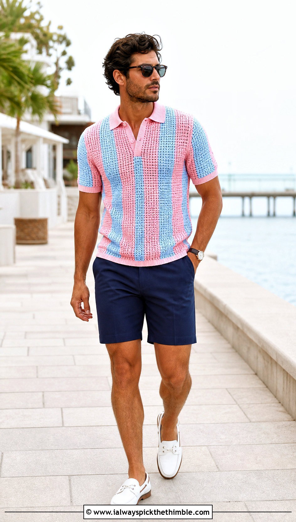 Striped Crochet Polo Shirt With Tailored Shorts - 15 Mens Crochet Collared Shirt outfit ideas