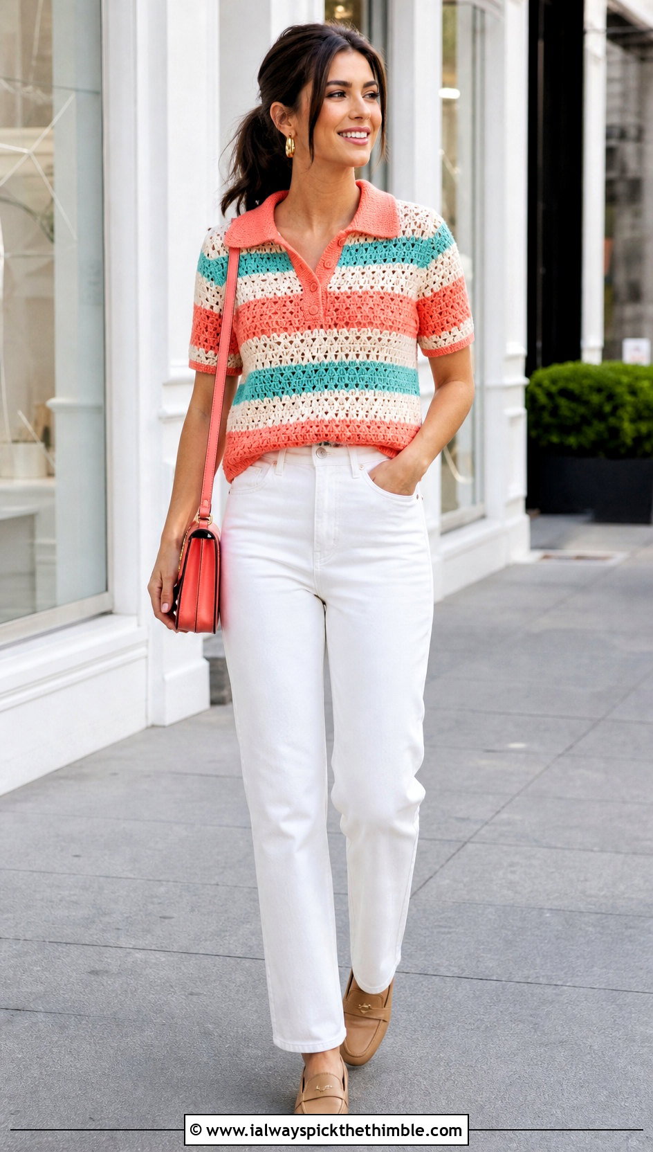 Striped Crochet Polo Shirt With White Jeans - 25 crochet polo shirt outfit ideas