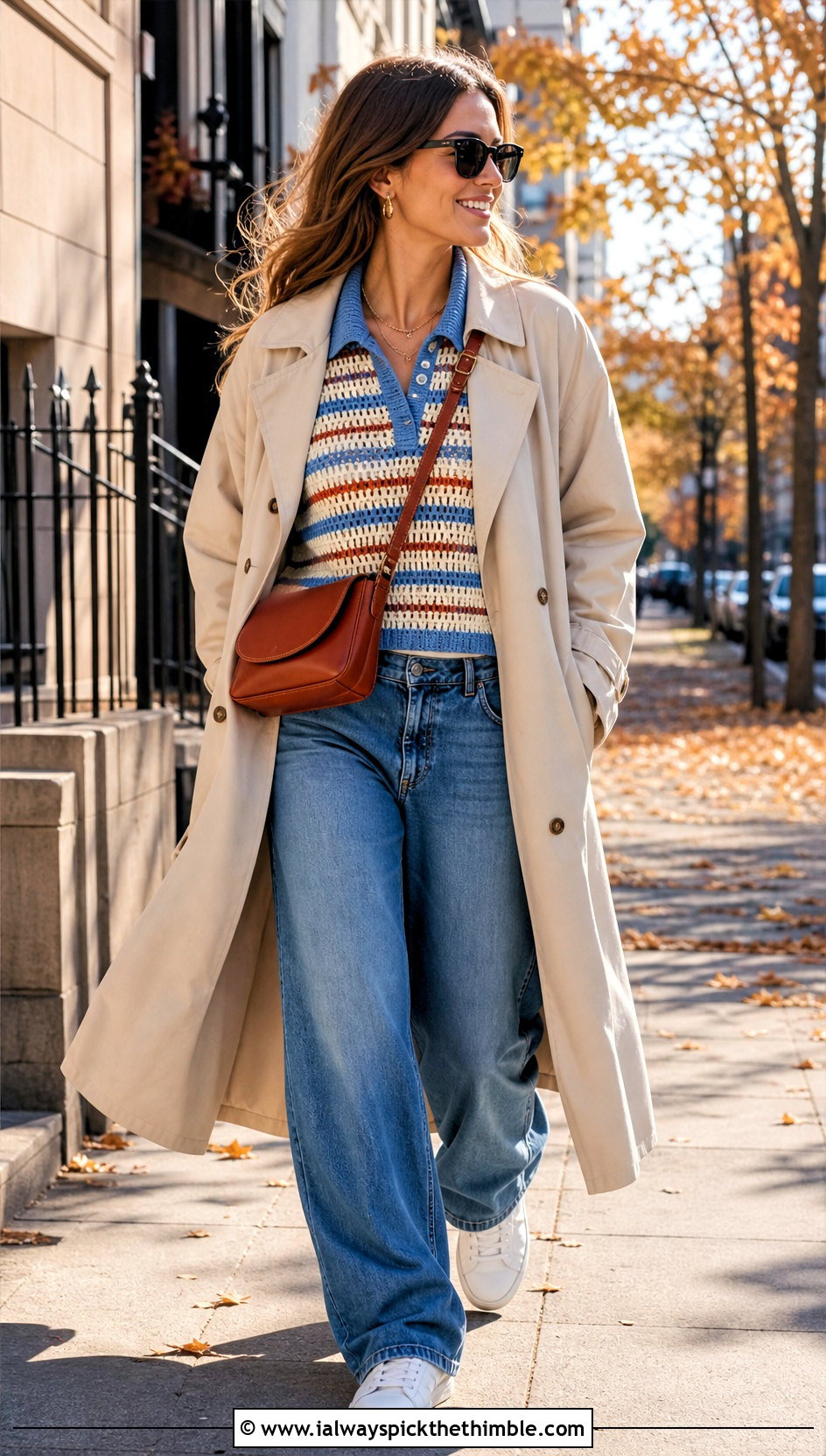Striped Crochet Polo Sweater With Barrel Leg Jeans - 20 Autumn Crochet Sweater outfit ideas