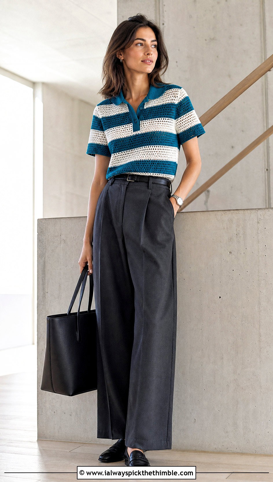 Striped Crochet Polo Top With Tailored Trousers - 15 crochet striped top on hanger outfit ideas