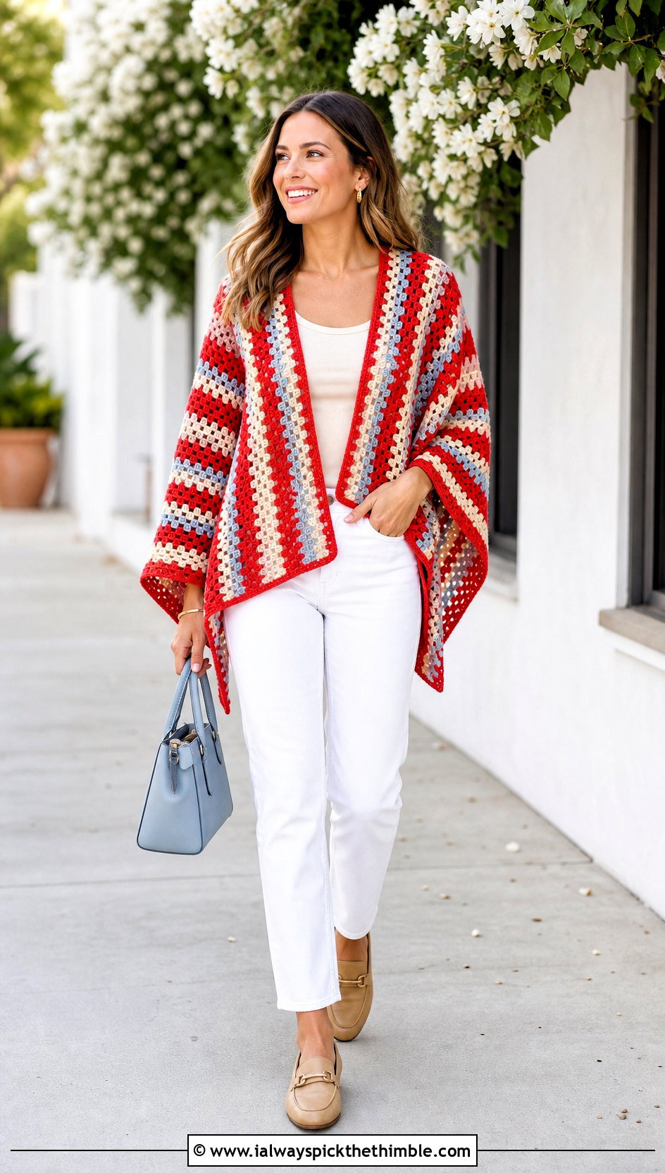 Striped Crochet Poncho Sweater With White Jeans - 25 crochet poncho sweater outfit ideas
