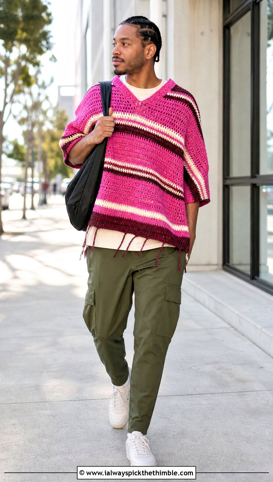 Striped Crochet Poncho With Cargo Pants - 20 mens crochet poncho outfit ideas