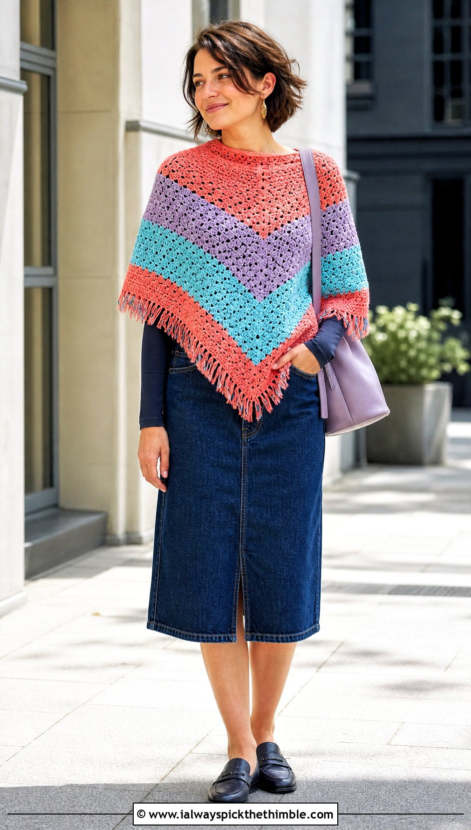 Striped Crochet Poncho With Denim Midi Skirt - 25 crochet poncho outfit ideas