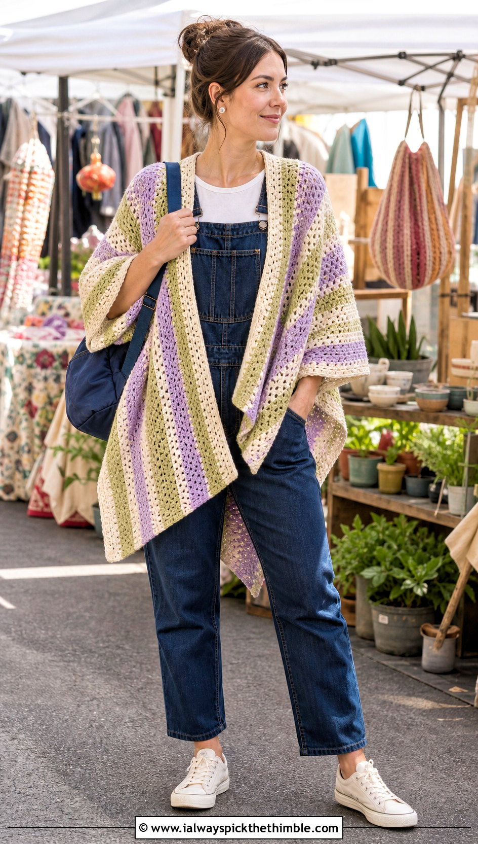 Striped Crochet Poncho With Denim Overalls - 20 Beginner Crochet Poncho outfit ideas