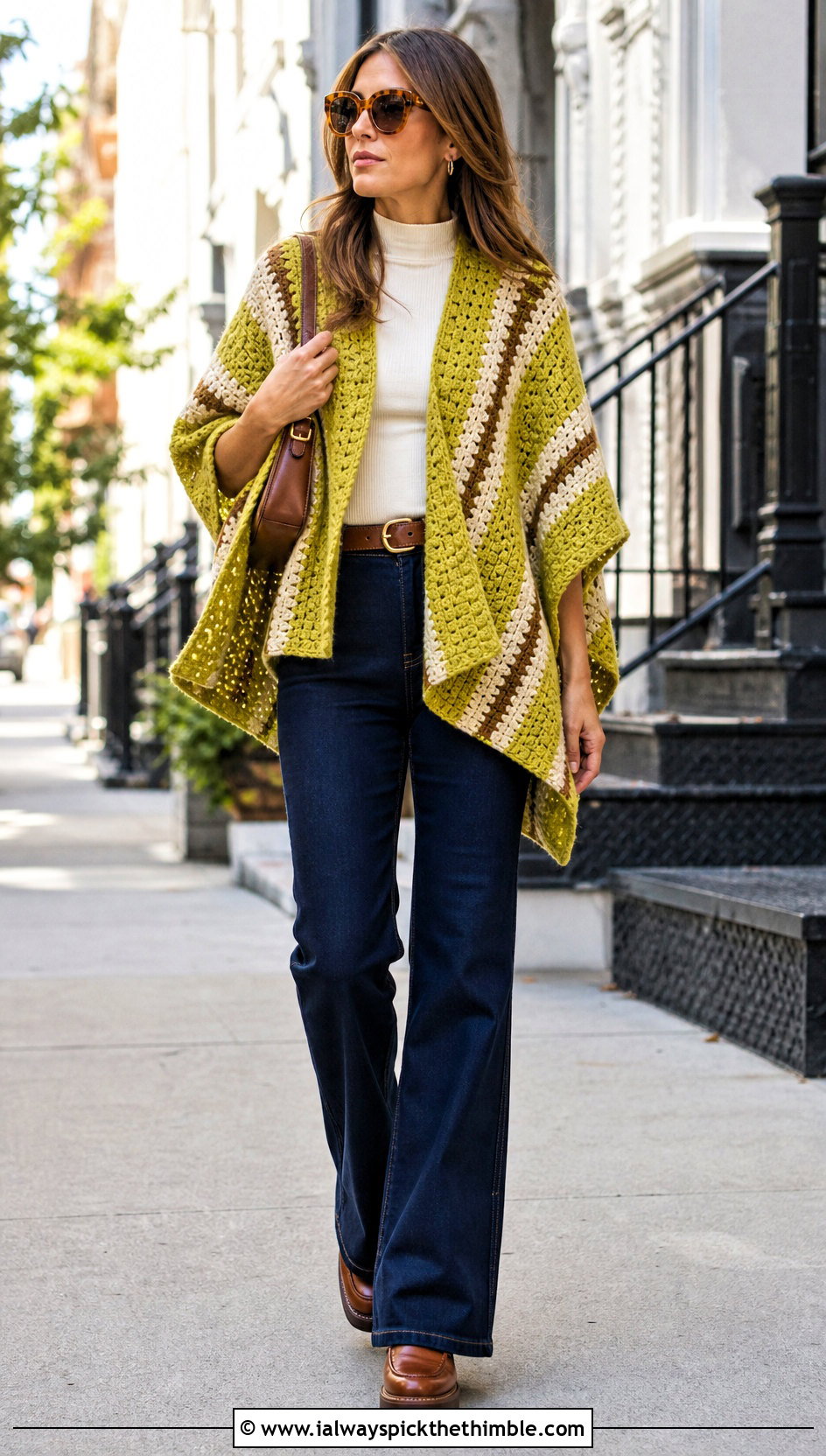 Striped Crochet Poncho With Flared Jeans - 20 Easy Simple Crochet Poncho outfit ideas