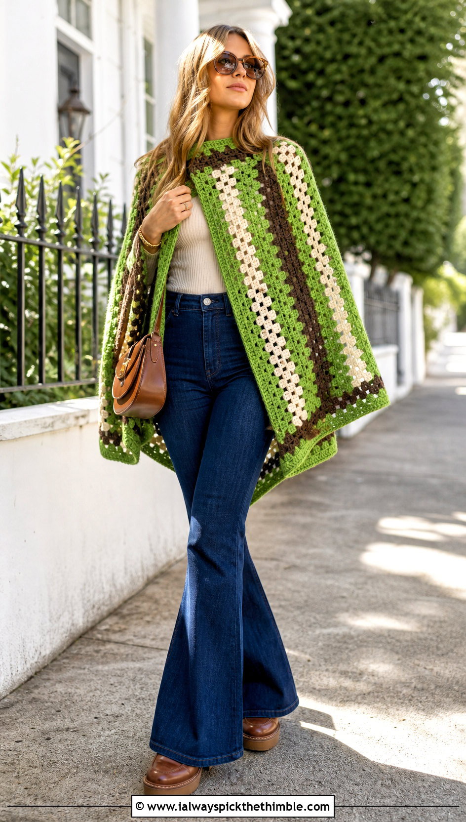 Striped Crochet Poncho With Flared Jeans - 15 Vintage Crochet Poncho outfit ideas