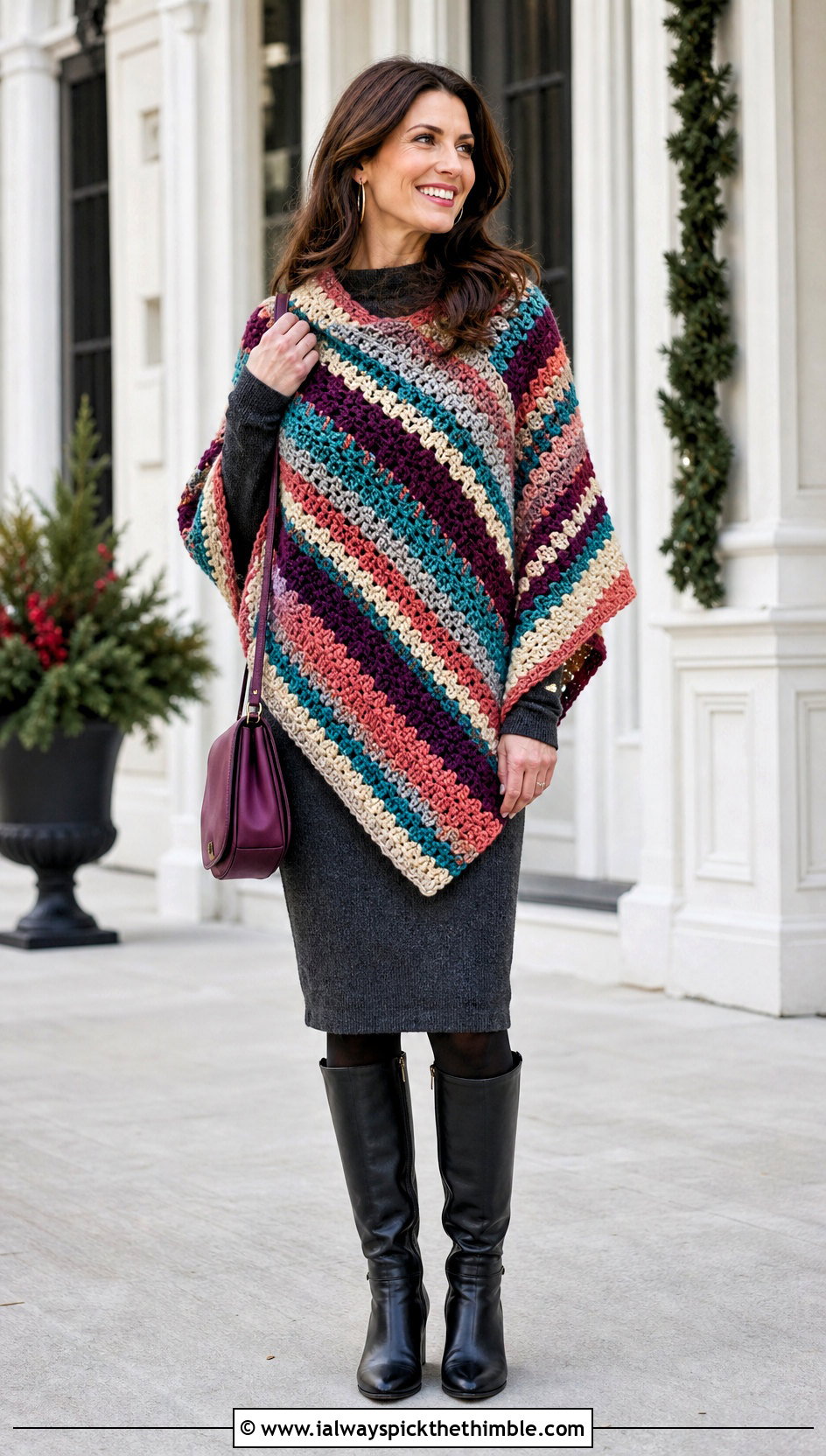 Striped Crochet Poncho With Knit Midi Dress - 15 Winter Crochet Poncho outfit ideas