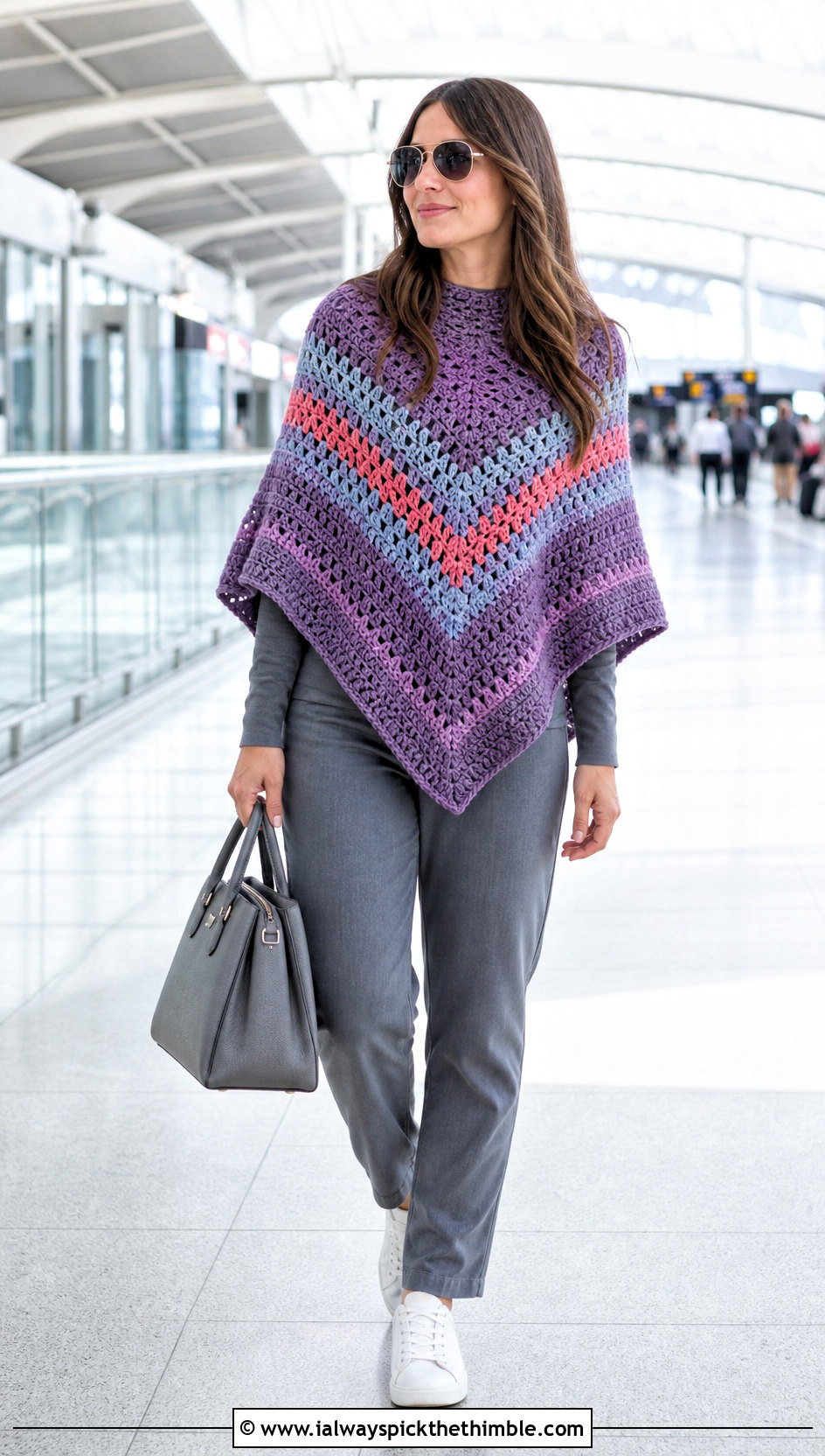 Striped Crochet Poncho With Monochrome Basics - 20 ladies crochet poncho outfit ideas